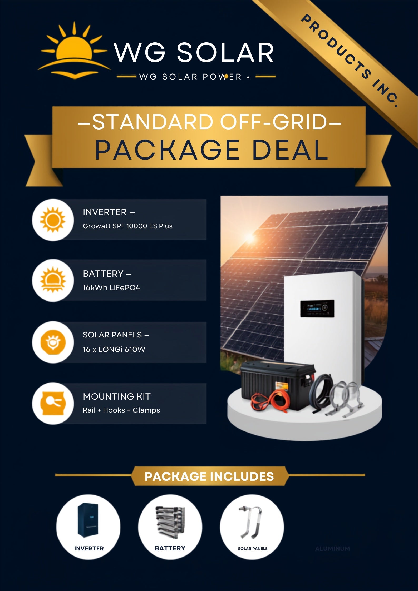 Standard Off-Grid Solar Package - Growatt SPF 10000ES inverter, 16kWh battery and 16x610W LONGi panels