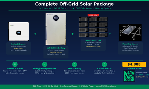 Standard Off-Grid Solar Package - Growatt inverter, 16kWh battery and 16x610W LONGi panels