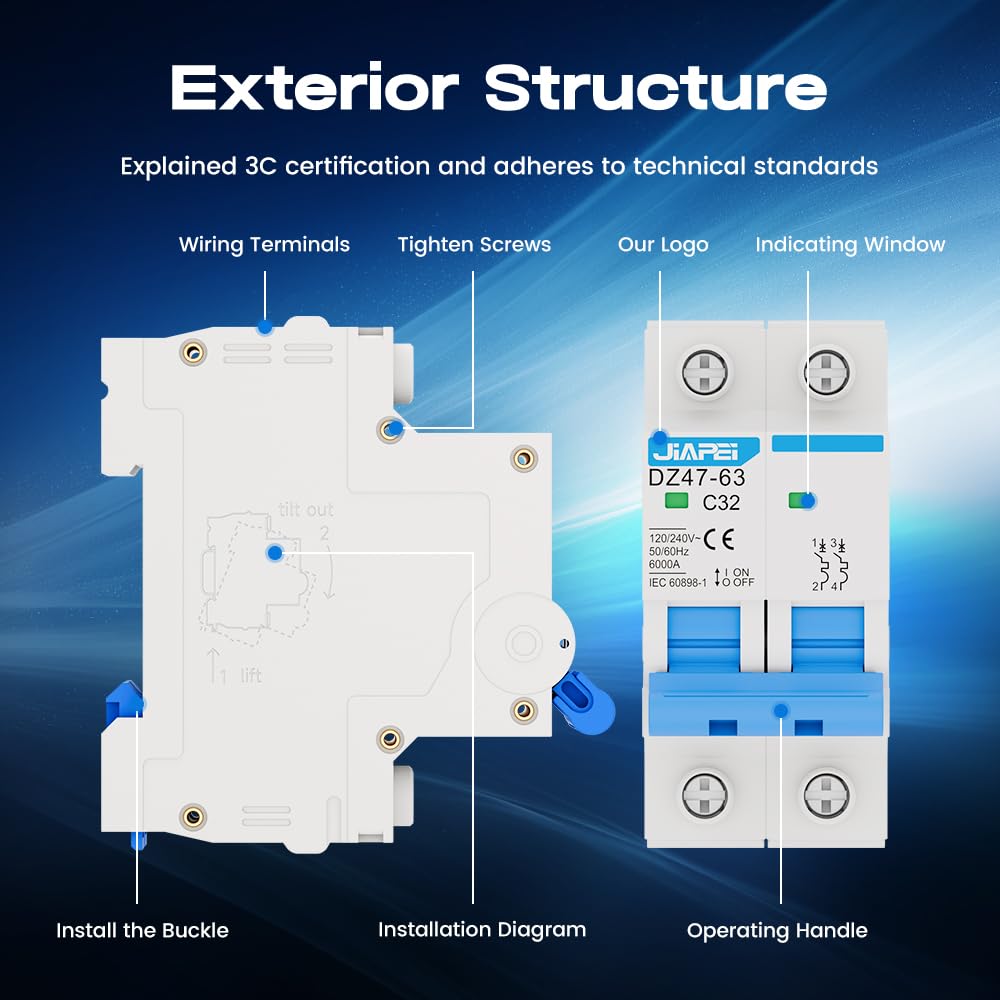 AC Miniature Circuit Breaker, 120V/240V 2 Pole 32 Amp DIN Rail Mount Circuit Breaker, MCB C32 Solar AC Disconnect Switch,Thermal Magnetic Trip