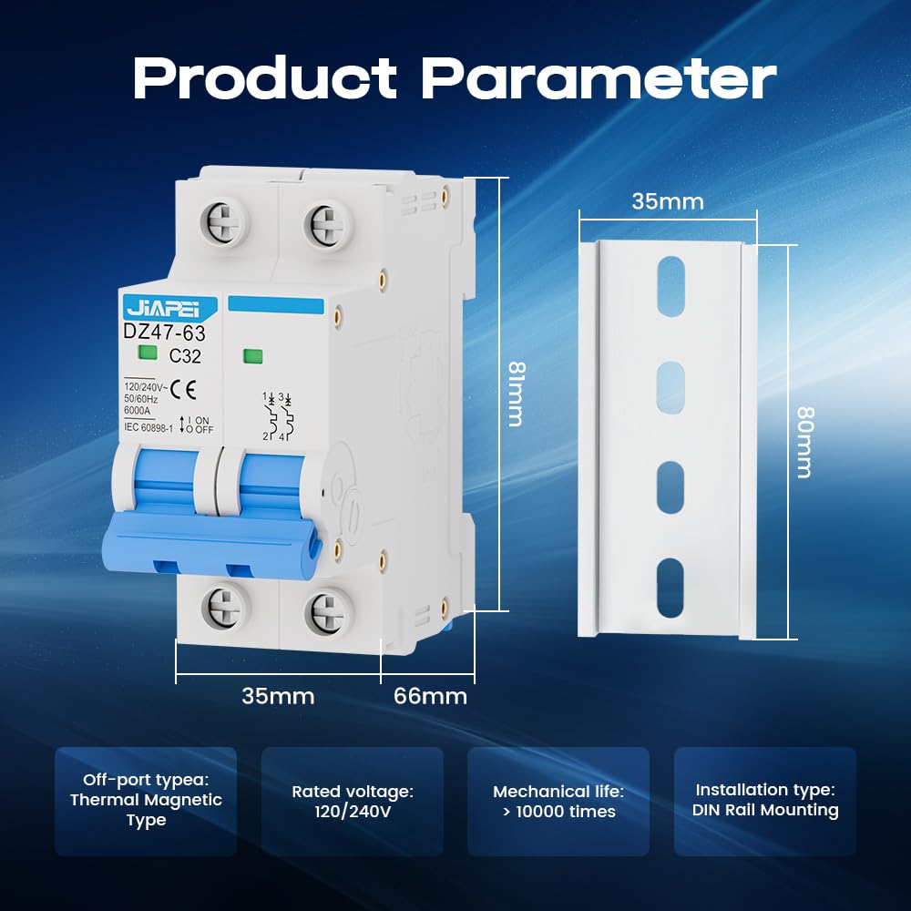 AC Miniature Circuit Breaker, 120V/240V 2 Pole 32 Amp DIN Rail Mount Circuit Breaker, MCB C32 Solar AC Disconnect Switch,Thermal Magnetic Trip