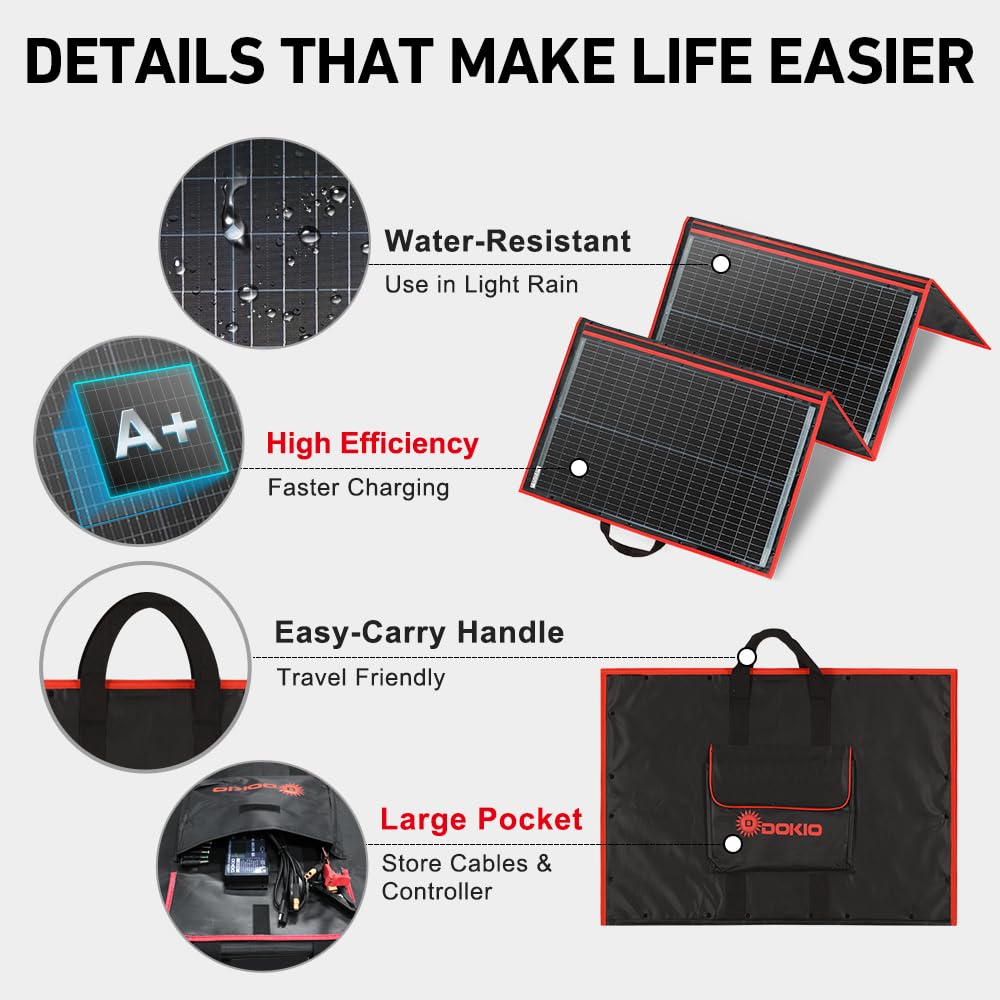 DOKIO 300W Portable Foldable Solar Panel Kit, Compact 19.3x37.4in Design 15.2lb with Standalone Controller and USB, Monocrystalline Charger for 12V Batteries, Power Stations, RV Camping Emergency Use