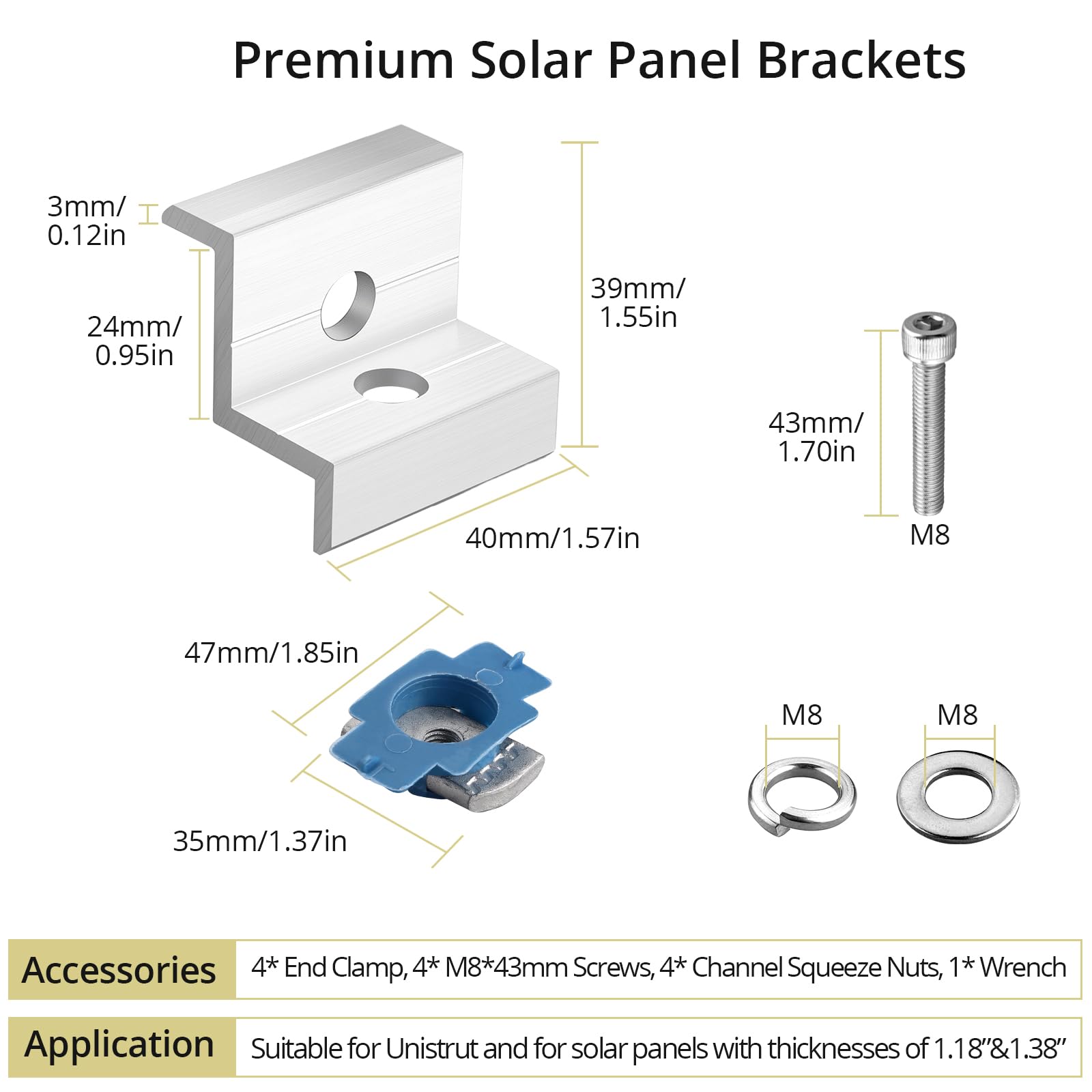 Anbte 10pcs Solar Panel End Clamp for Standard Unistrut, Aluminum 30mm/35mm Solar Panel Brackets with Nuts Bolts, Solar Panel Mounting Kit for Metal Roof, Tin Roof, Flat Roof, Sheet Roof, Black