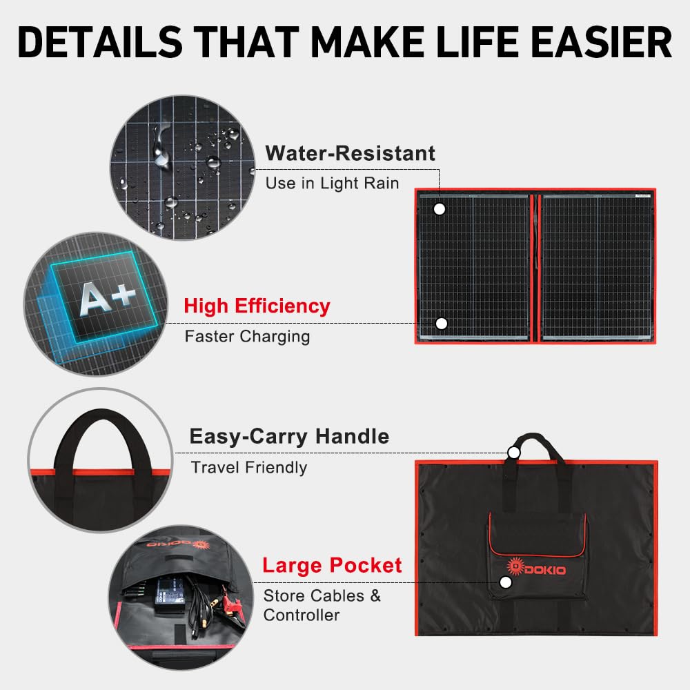 DOKIO 300W Portable Foldable Solar Panel Kit, Compact 19.3x37.4in Design 15.2lb with Standalone Controller and USB, Monocrystalline Charger for 12V Batteries, Power Stations, RV Camping Emergency Use