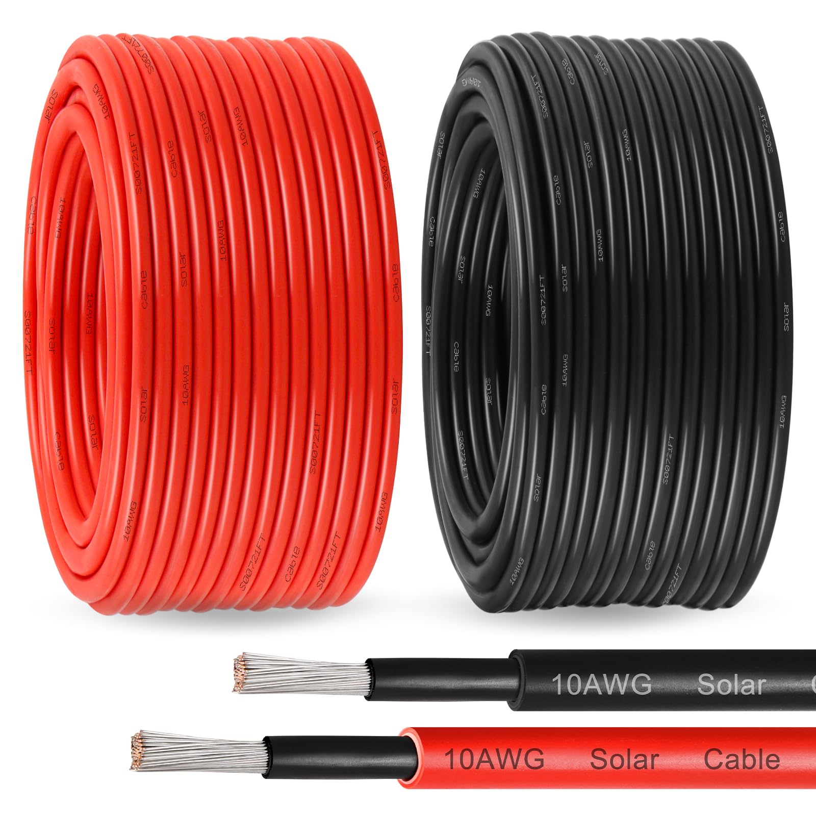 Solar Panel Wire 10 AWG(6mm²) - Solar Extension Cable 100Ft Black & 100Ft Red 10 Gauge Tinned Copper PV Wire for Outdoor Automotive RV Solar Panel Boat Marine (Black+Red)