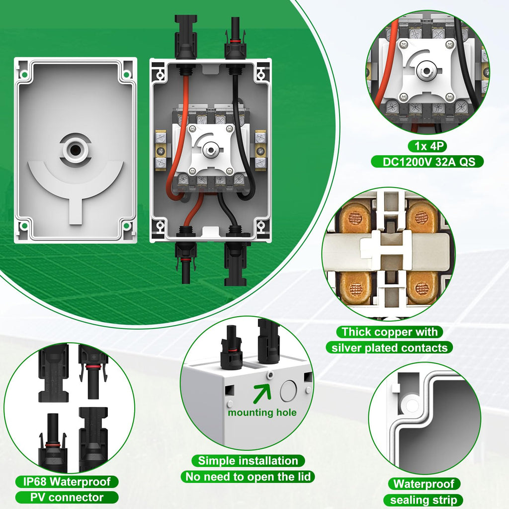 CNLONQ Solar PV Disconnect Switch 32 Amp DC1500V Rapid Shutoff Isolator Switch 1in 1out with Plug & Play Connector and IP66 Waterproof for Rooftop Solar Home Systems, RVs and Boats