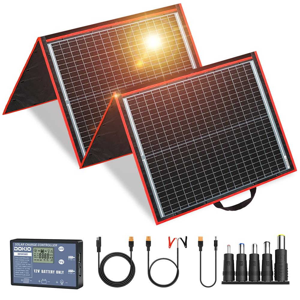 DOKIO 300W Portable Foldable Solar Panel Kit, Compact 19.3x37.4in Design 15.2lb with Standalone Controller and USB, Monocrystalline Charger for 12V Batteries, Power Stations, RV Camping Emergency Use