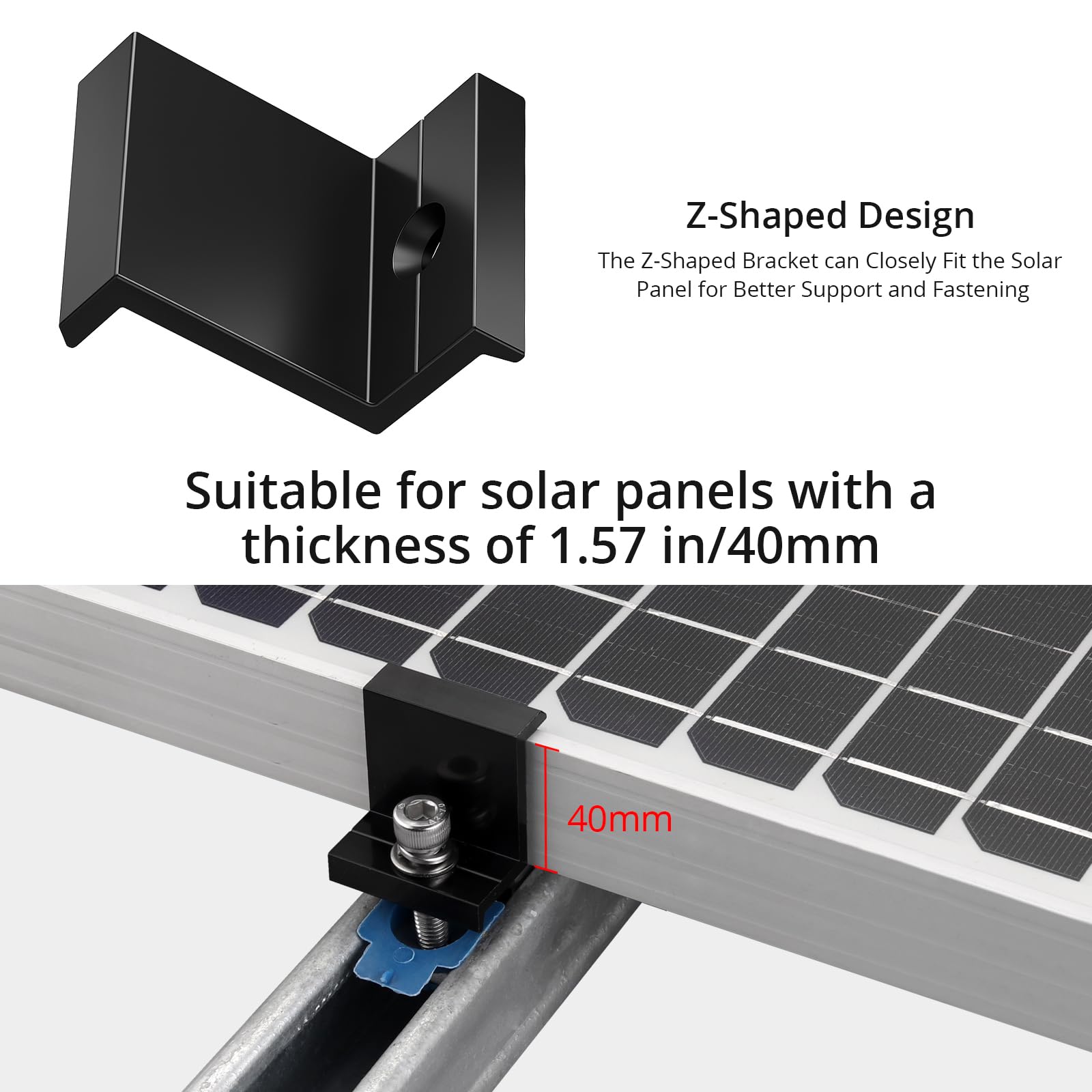 Anbte 10pcs Solar Panel End Clamp for Standard Unistrut, Aluminum 30mm/35mm Solar Panel Brackets with Nuts Bolts, Solar Panel Mounting Kit for Metal Roof, Tin Roof, Flat Roof, Sheet Roof, Black