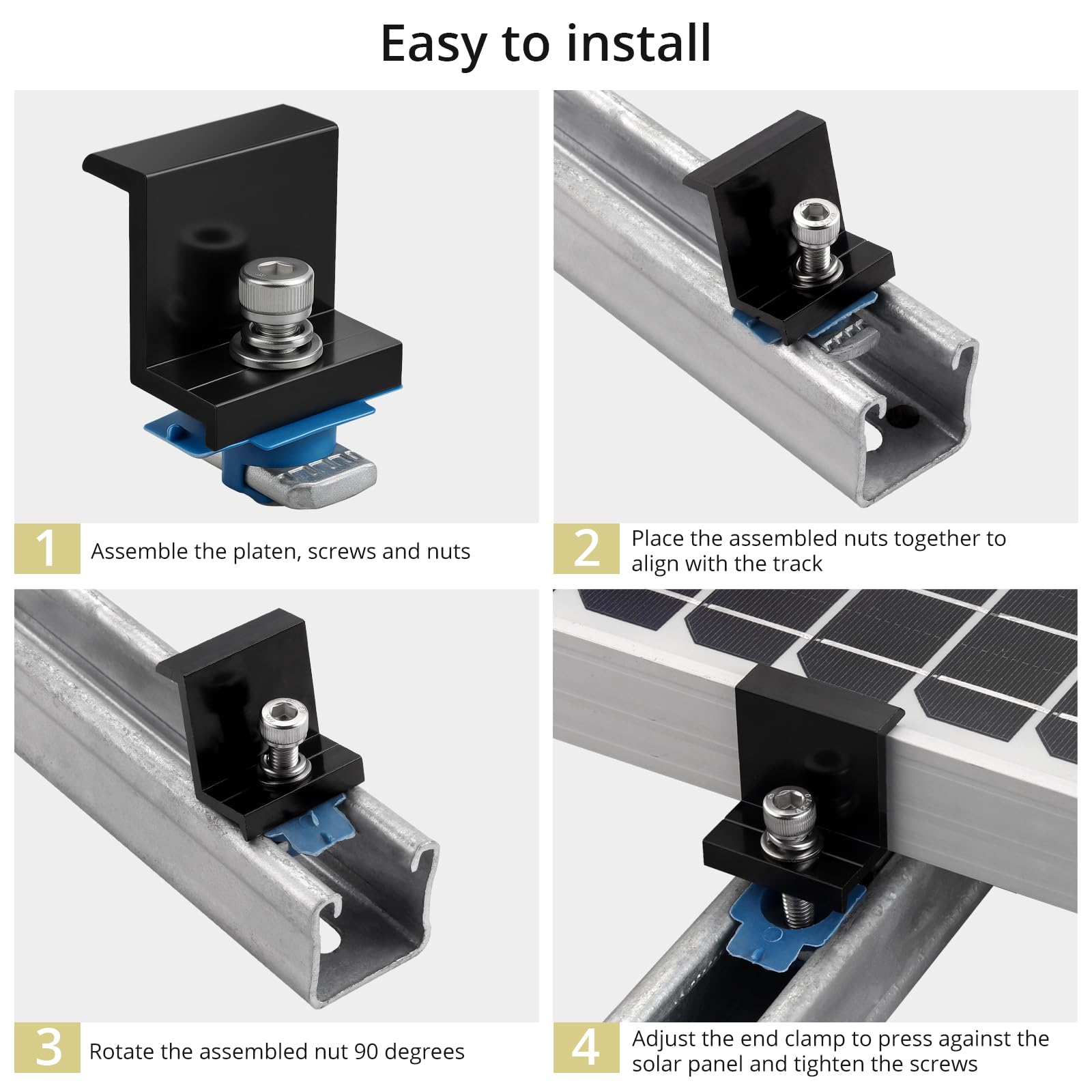 Anbte 10pcs Solar Panel End Clamp for Standard Unistrut, Aluminum 30mm/35mm Solar Panel Brackets with Nuts Bolts, Solar Panel Mounting Kit for Metal Roof, Tin Roof, Flat Roof, Sheet Roof, Black
