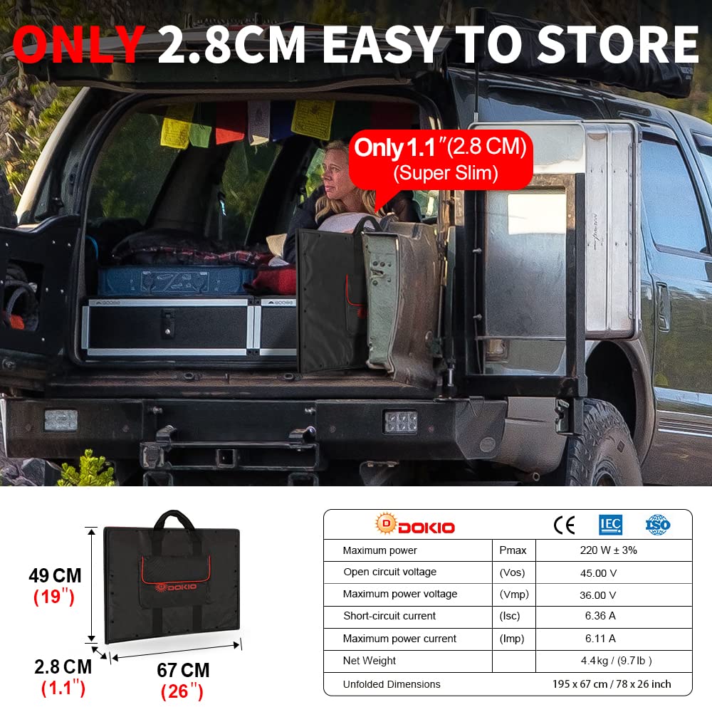 DOKIO 300W Portable Foldable Solar Panel Kit, Compact 19.3x37.4in Design 15.2lb with Standalone Controller and USB, Monocrystalline Charger for 12V Batteries, Power Stations, RV Camping Emergency Use