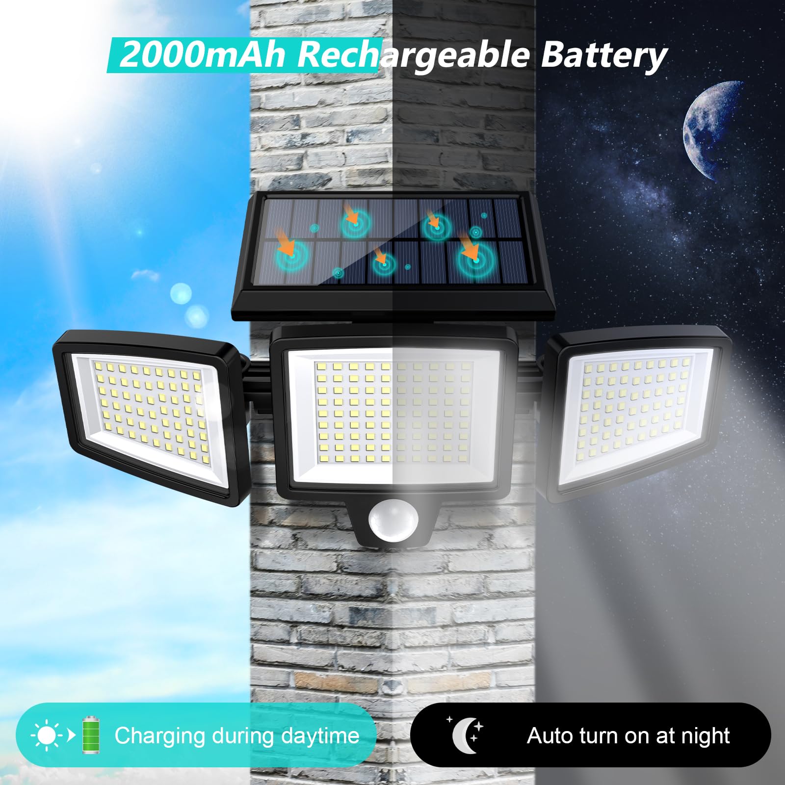 Tuffenough Solar Outdoor Lights 2500LM 210 LED Security Lights with Remote Control,3 Heads Motion Sensor Lights, IP65 Waterproof,270° Wide Angle Flood Wall Lights with 3 Modes(2 Packs)