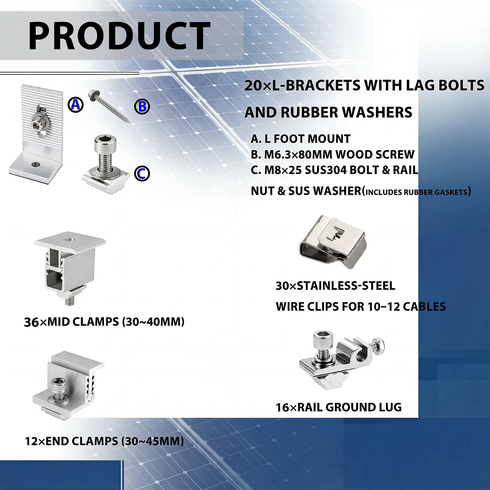 Solar Panel Mounting Rail Kit for 7 x 320W Panels, Includes 12 x 47.2 Aluminum Rails, Adjustable Clamps, L-Brackets & Wire Clips, Heavy Duty Racking for Metal, Tile, Shingle Roof