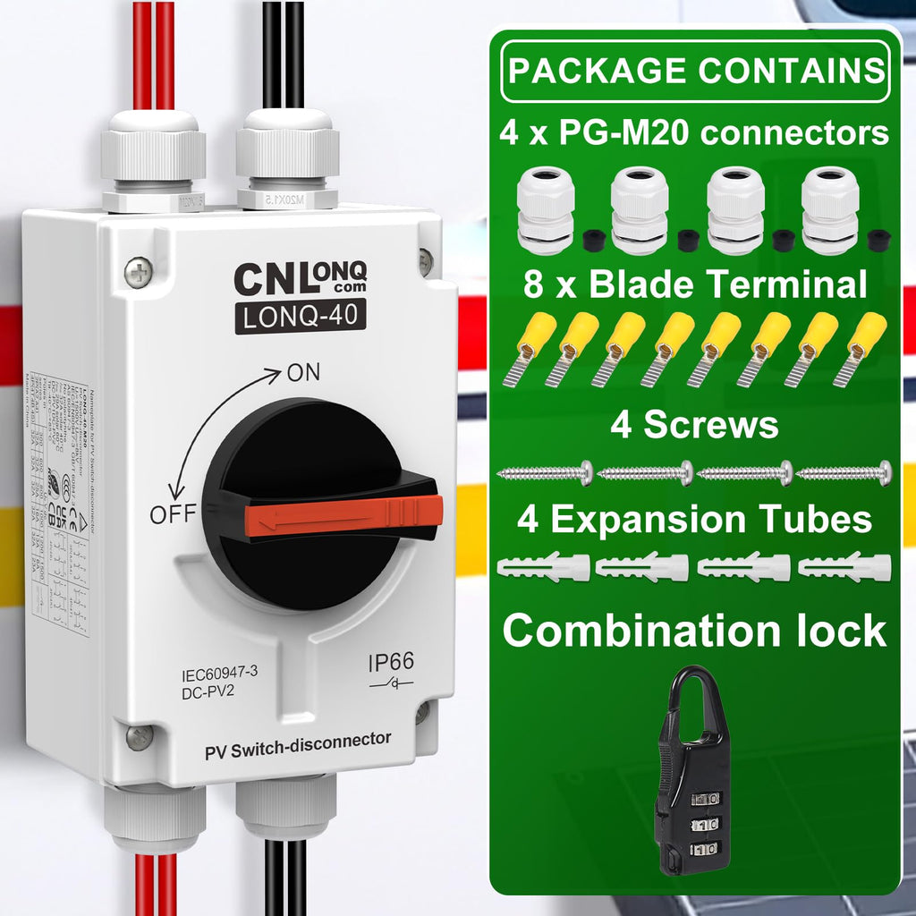 CNLONQ Solar PV Disconnect Switch 32 Amp DC1500V Rapid Shutoff Isolator Switch 1in 1out with Plug & Play Connector and IP66 Waterproof for Rooftop Solar Home Systems, RVs and Boats