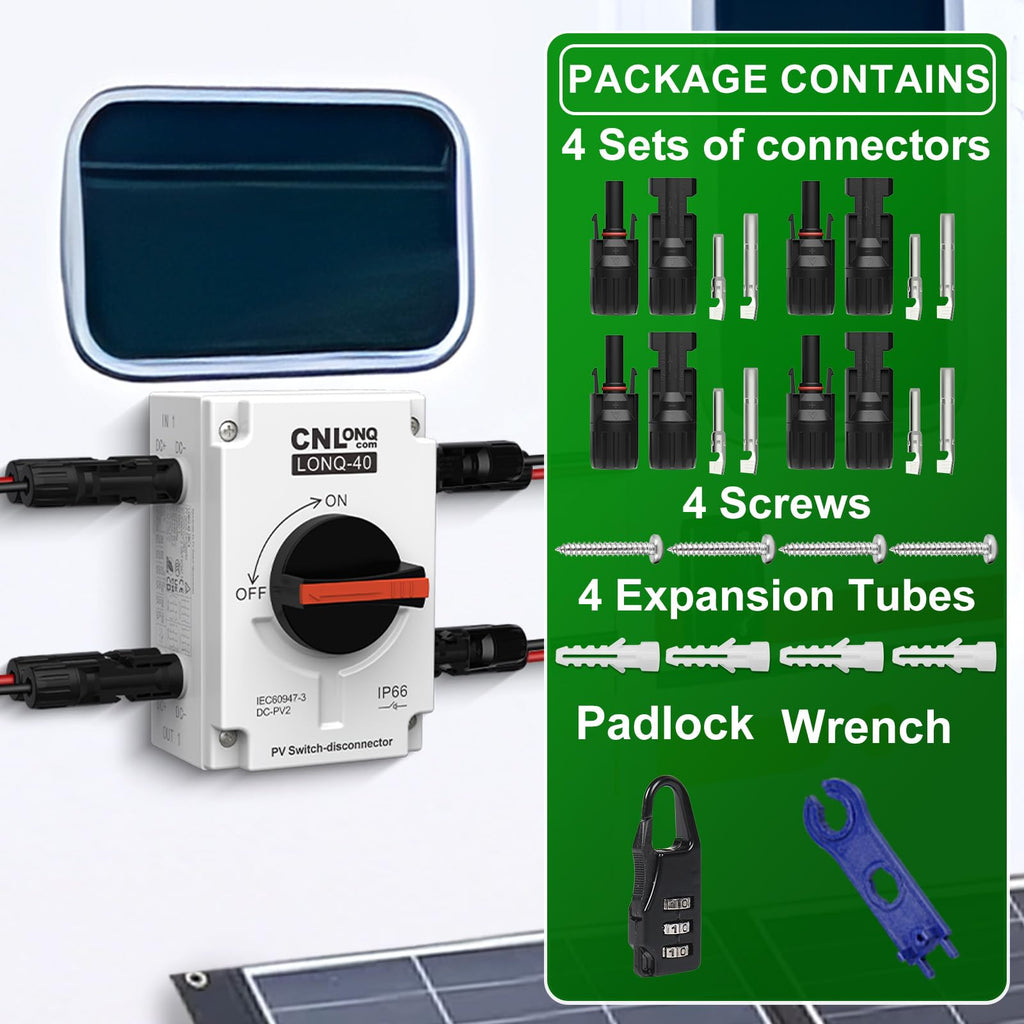 CNLONQ Solar PV Disconnect Switch 32 Amp DC1500V Rapid Shutoff Isolator Switch 1in 1out with Plug & Play Connector and IP66 Waterproof for Rooftop Solar Home Systems, RVs and Boats