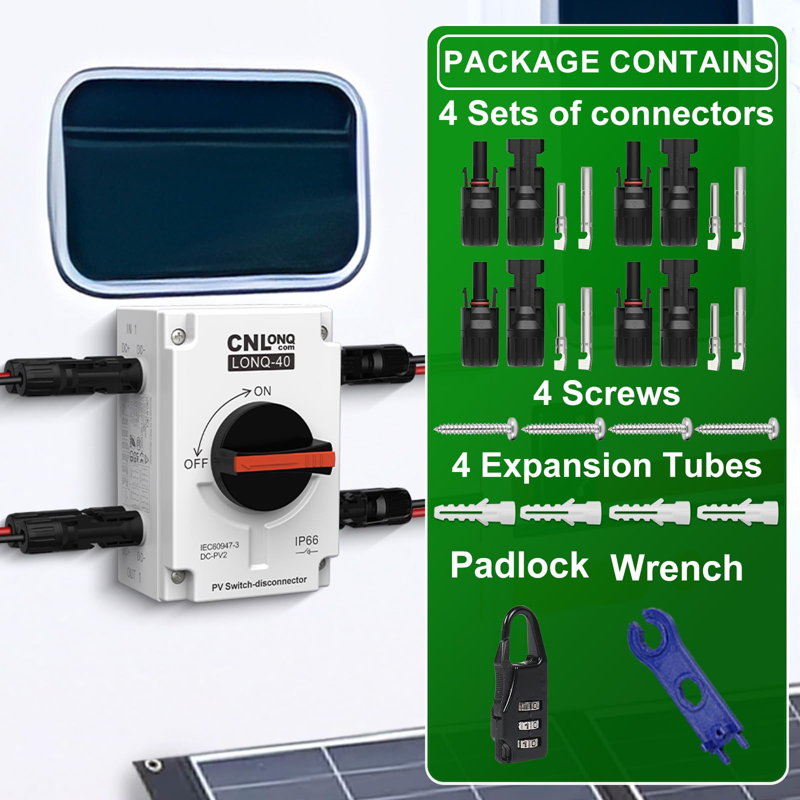 CNLONQ Solar PV Disconnect Switch 32 Amp DC1500V Rapid Shutoff Isolator Switch 1in 1out with Plug & Play Connector and IP66 Waterproof for Rooftop Solar Home Systems, RVs and Boats