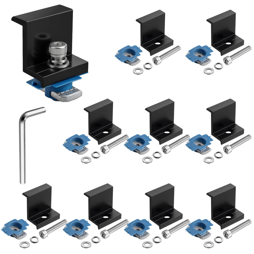 Anbte 10pcs Solar Panel End Clamp for Standard Unistrut, Aluminum 30mm/35mm Solar Panel Brackets with Nuts Bolts, Solar Panel Mounting Kit for Metal Roof, Tin Roof, Flat Roof, Sheet Roof, Black