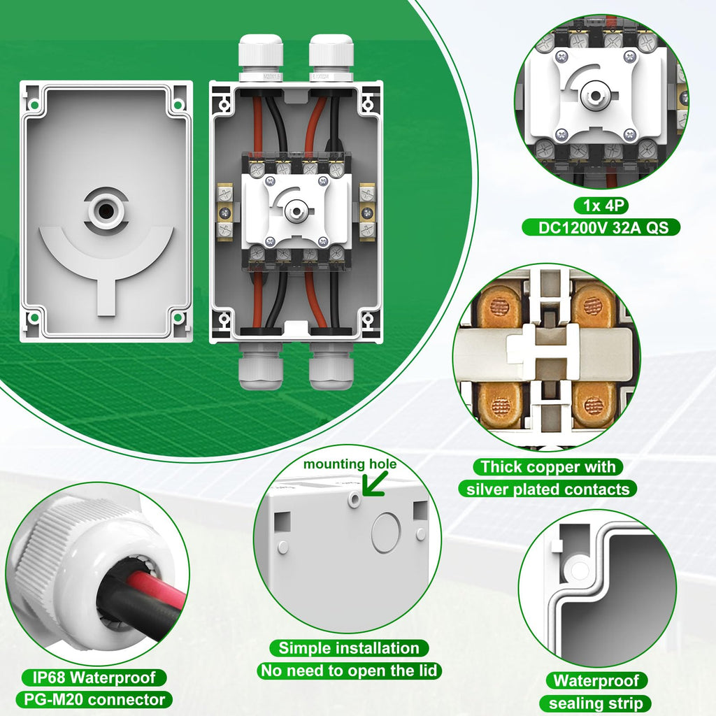 CNLONQ Solar PV Disconnect Switch 32 Amp DC1500V Rapid Shutoff Isolator Switch 1in 1out with Plug & Play Connector and IP66 Waterproof for Rooftop Solar Home Systems, RVs and Boats