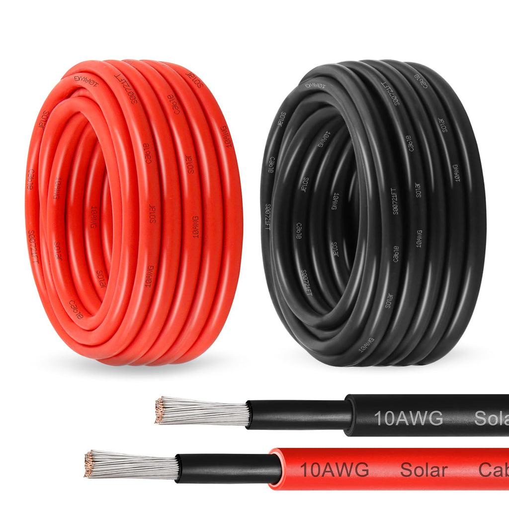 Solar Panel Wire 10 AWG(6mm²) - Solar Extension Cable 100Ft Black & 100Ft Red 10 Gauge Tinned Copper PV Wire for Outdoor Automotive RV Solar Panel Boat Marine (Black+Red)