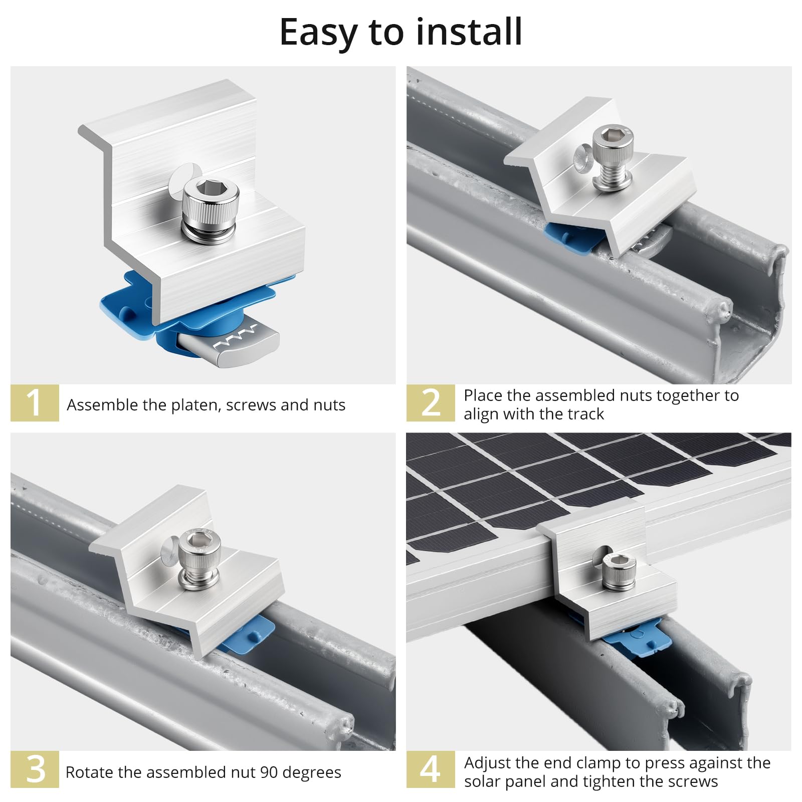 Anbte 10pcs Solar Panel End Clamp for Standard Unistrut, Aluminum 30mm/35mm Solar Panel Brackets with Nuts Bolts, Solar Panel Mounting Kit for Metal Roof, Tin Roof, Flat Roof, Sheet Roof, Black