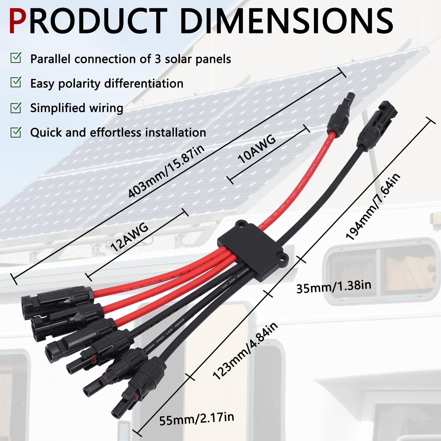 Solar Parallel Connectors for 3 Solar Panels, Tool-Free MC4 Solar Cable Splitter, Y Branch Solar Panel Splitter, 2 to 6 Solar Parallel Adapter IP68 Waterproof (FMMM/MFFF)