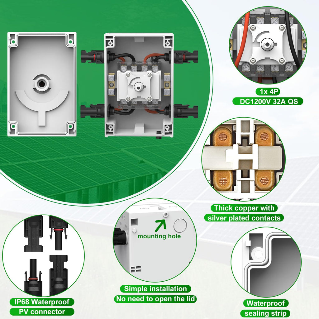 CNLONQ Solar PV Disconnect Switch 32 Amp DC1500V Rapid Shutoff Isolator Switch 1in 1out with Plug & Play Connector and IP66 Waterproof for Rooftop Solar Home Systems, RVs and Boats