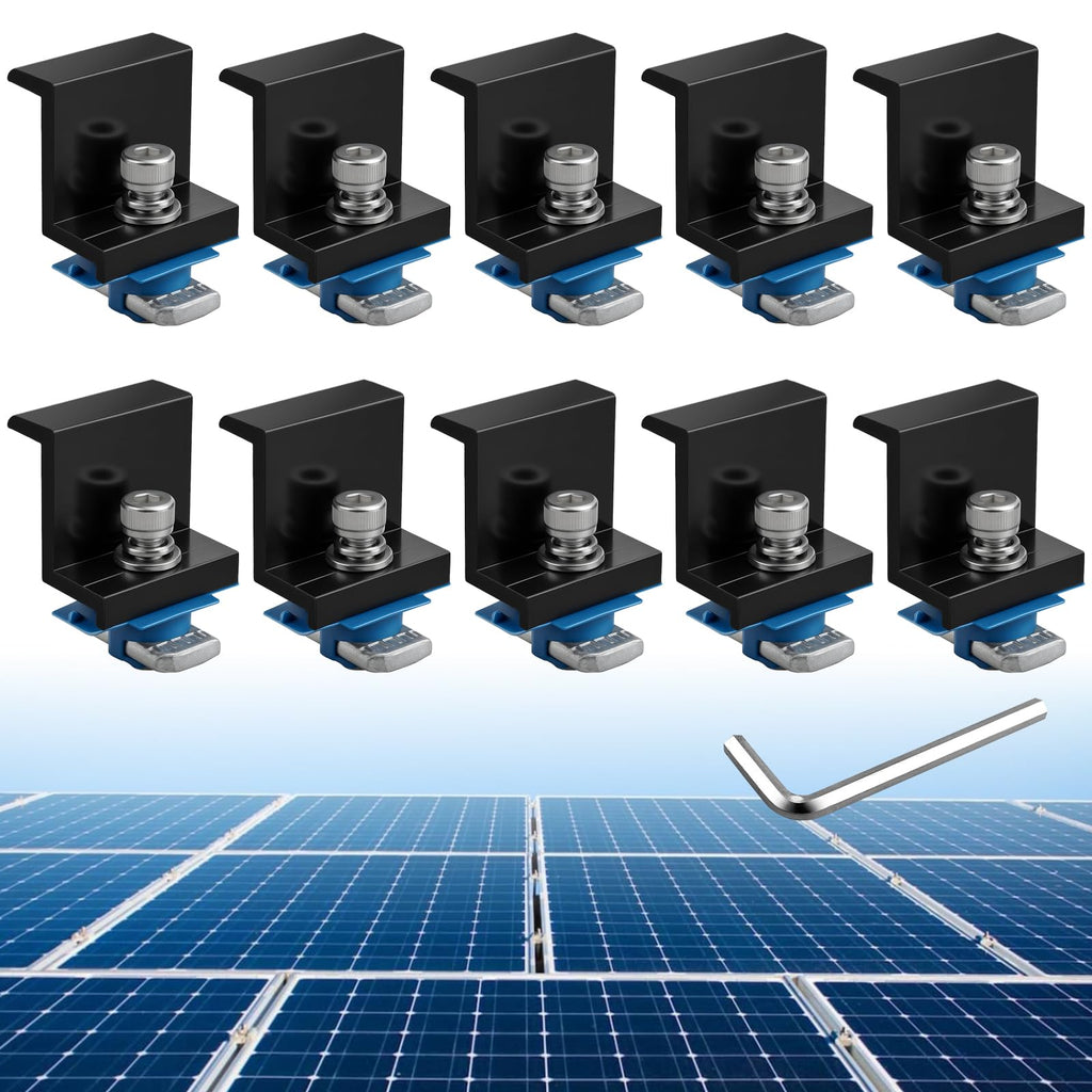 Anbte 10pcs Solar Panel End Clamp for Standard Unistrut, Aluminum 30mm/35mm Solar Panel Brackets with Nuts Bolts, Solar Panel Mounting Kit for Metal Roof, Tin Roof, Flat Roof, Sheet Roof, Black