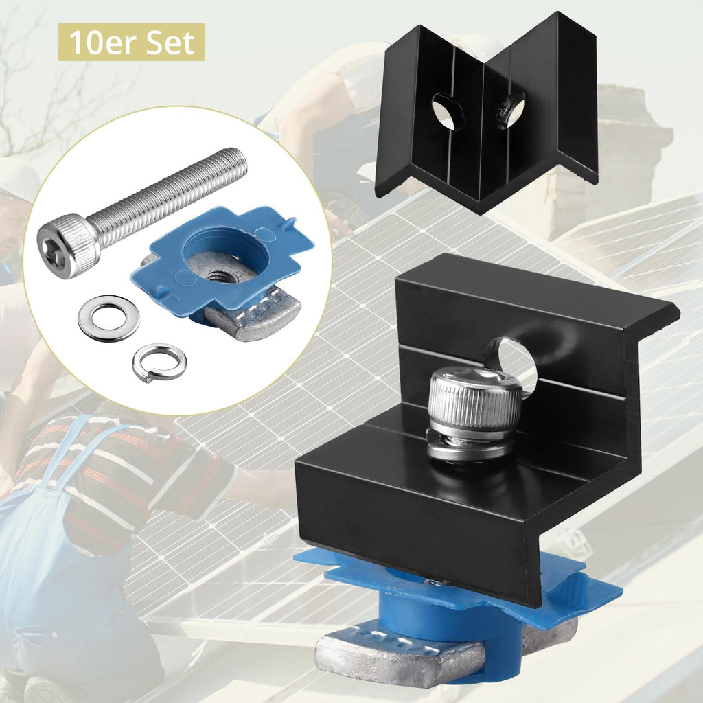 Anbte 10pcs Solar Panel End Clamp for Standard Unistrut, Aluminum 30mm/35mm Solar Panel Brackets with Nuts Bolts, Solar Panel Mounting Kit for Metal Roof, Tin Roof, Flat Roof, Sheet Roof, Black