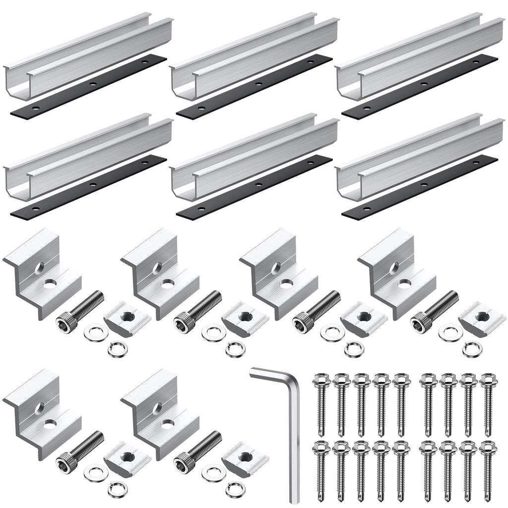 Anbte Solar Panel Bracket Kit, 6 Pcs 7.87 in Aluminium Solar Panel Mounting Rail 30mm/35mm Solar Panel End Clamps, Solar Panel Brackets for Metal Roof, Tin Roof, Flat Roof, Sheet Roof, RV, Silver