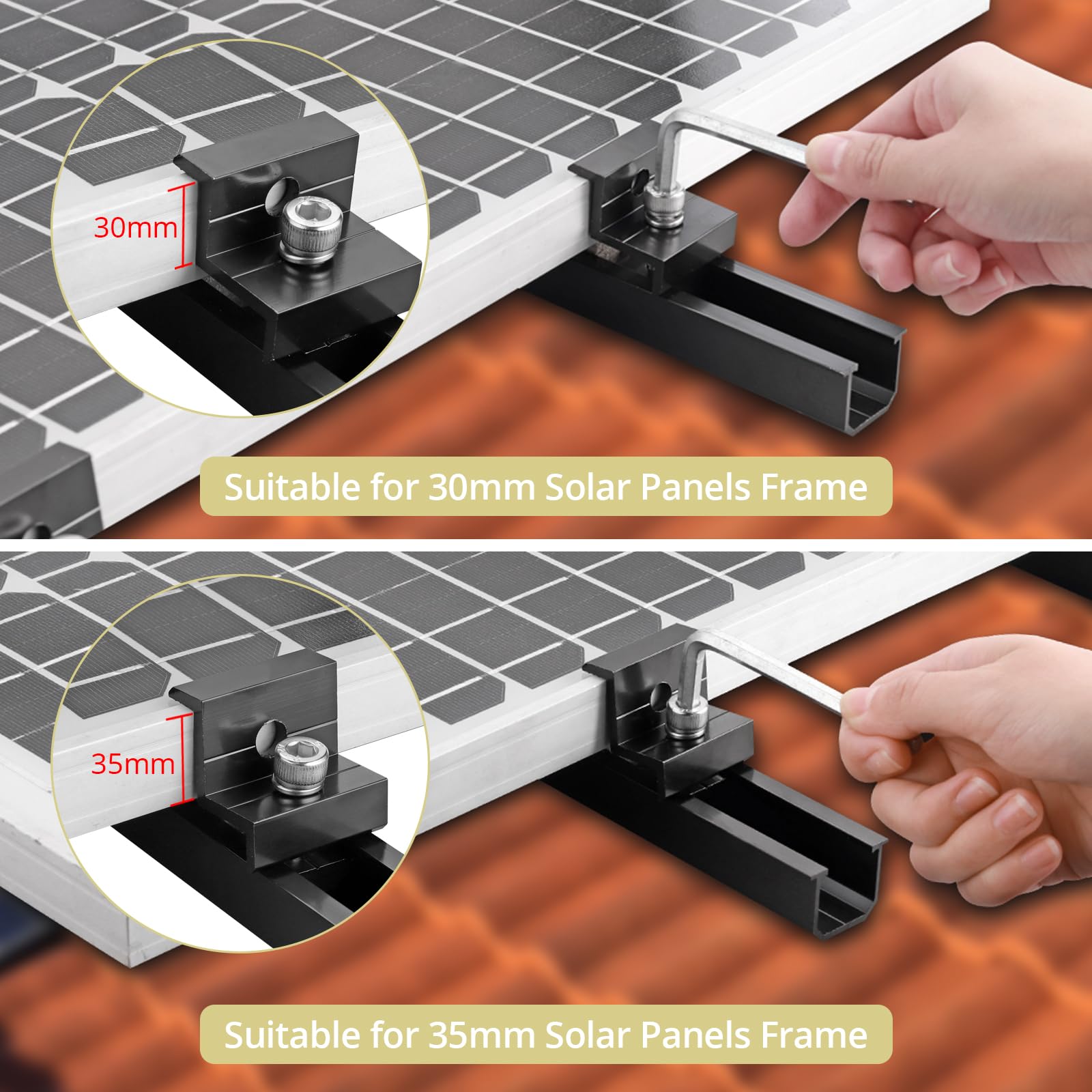 Anbte Solar Panel Bracket Kit, 6 Pcs 7.87 in Aluminium Solar Panel Mounting Rail 30mm/35mm Solar Panel End Clamps, Solar Panel Brackets for Metal Roof, Tin Roof, Flat Roof, Sheet Roof, RV, Silver