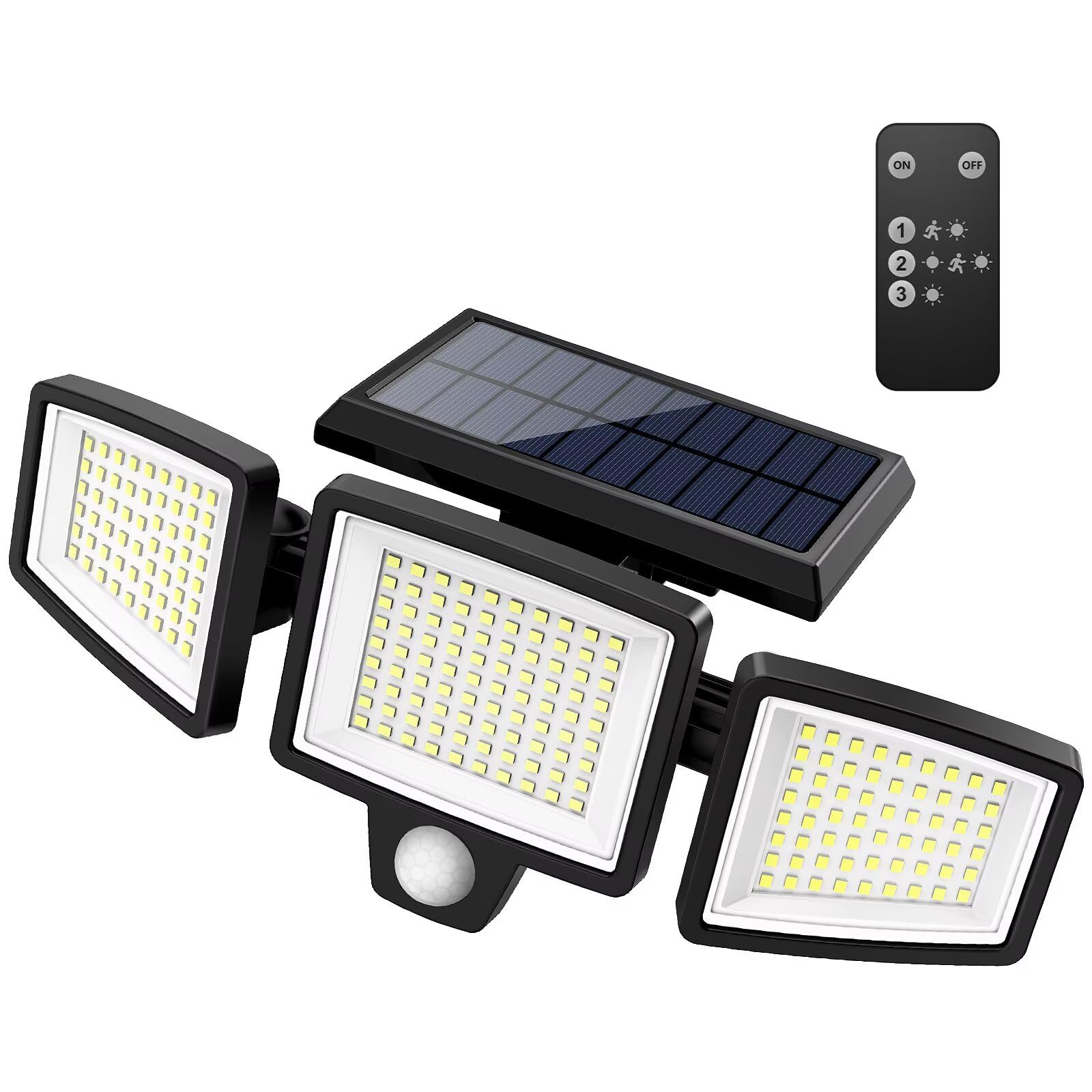 Tuffenough Solar Outdoor Lights 2500LM 210 LED Security Lights with Remote Control,3 Heads Motion Sensor Lights, IP65 Waterproof,270° Wide Angle Flood Wall Lights with 3 Modes(2 Packs)