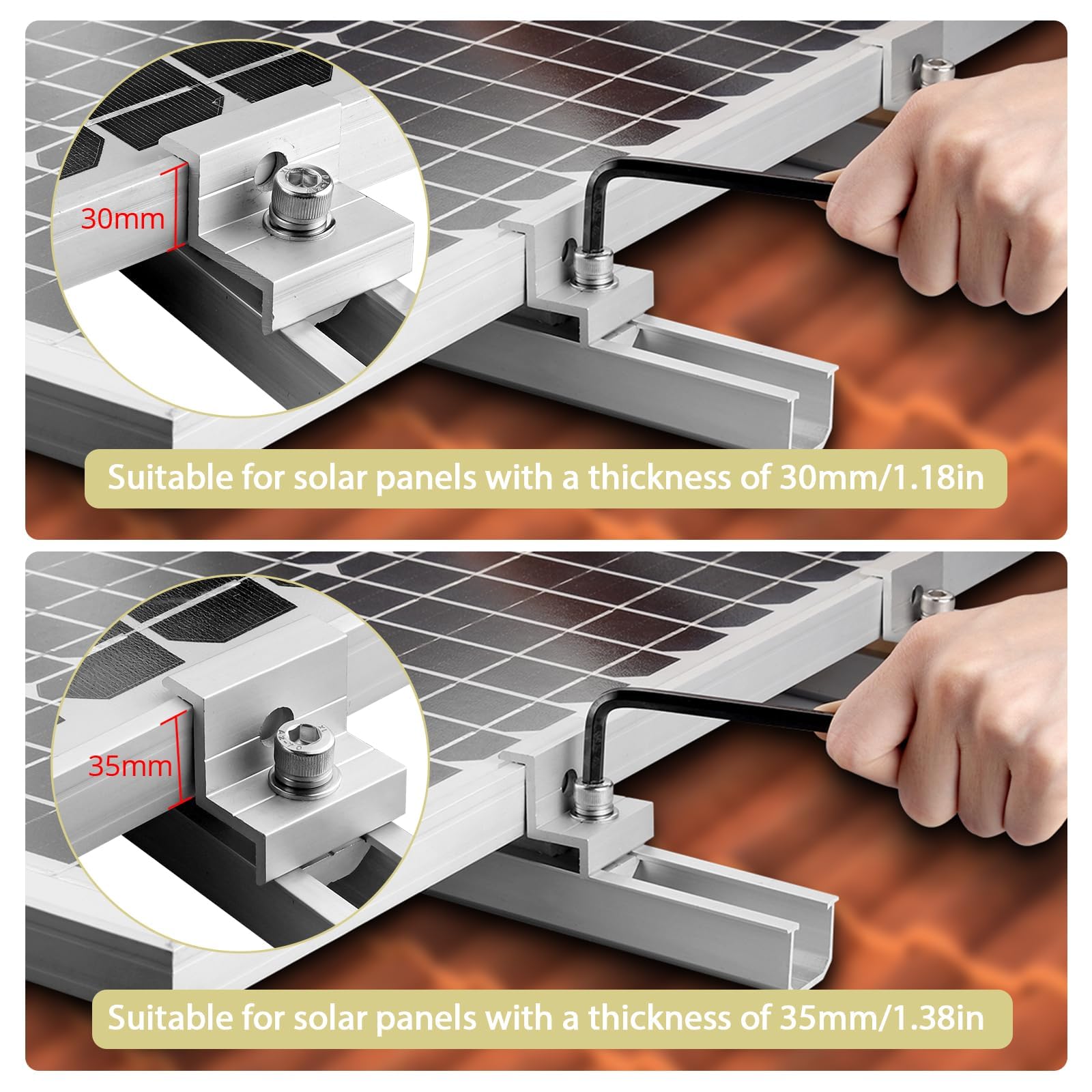Anbte Solar Panel Bracket Kit, 6 Pcs 7.87 in Aluminium Solar Panel Mounting Rail 30mm/35mm Solar Panel End Clamps, Solar Panel Brackets for Metal Roof, Tin Roof, Flat Roof, Sheet Roof, RV, Silver