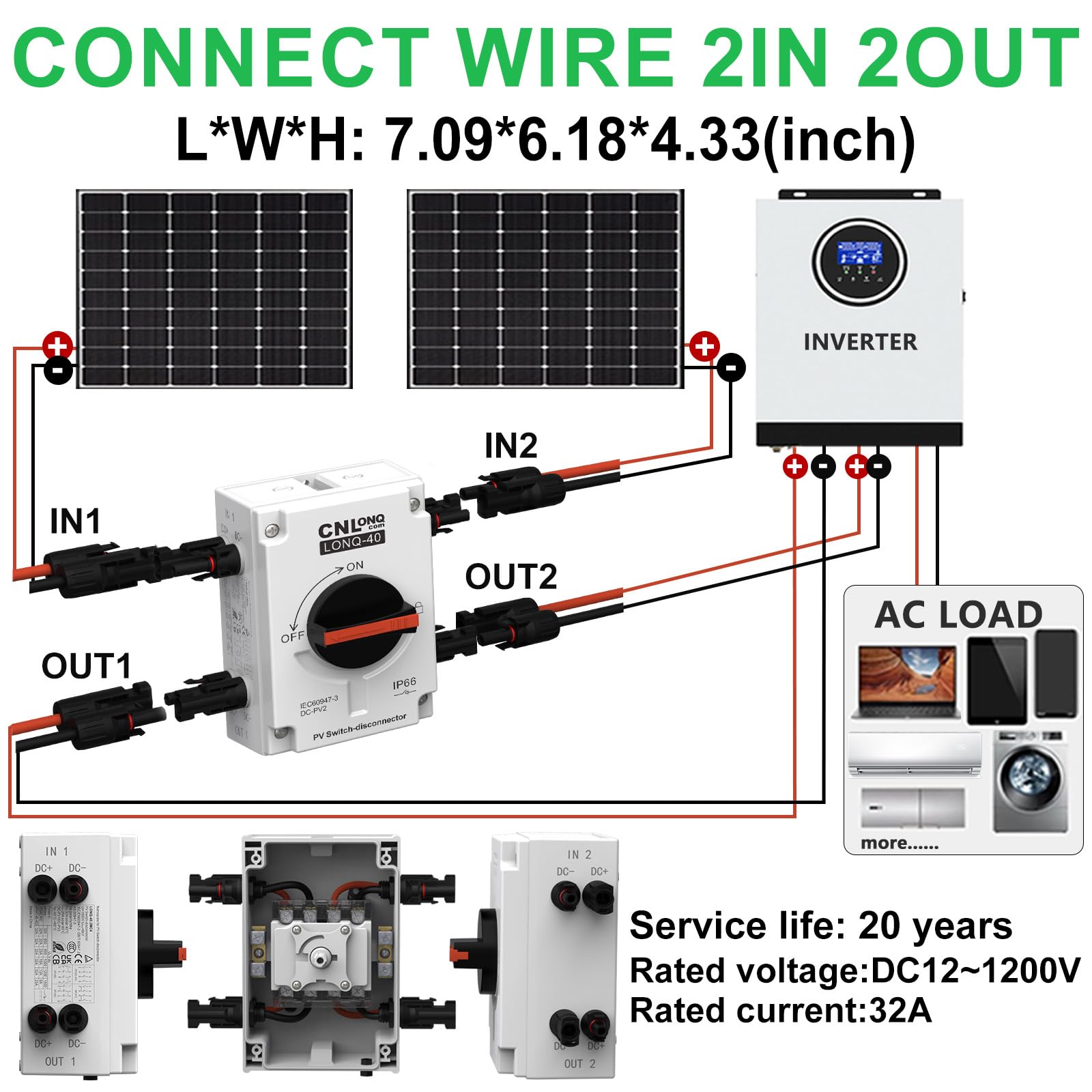 CNLONQ Solar PV Disconnect Switch 32 Amp DC1500V Rapid Shutoff Isolator Switch 1in 1out with Plug & Play Connector and IP66 Waterproof for Rooftop Solar Home Systems, RVs and Boats