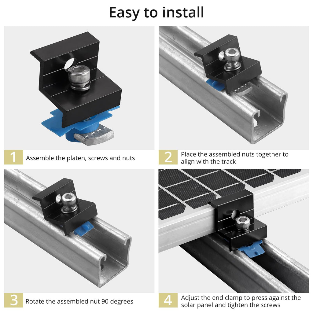 Anbte 10pcs Solar Panel End Clamp for Standard Unistrut, Aluminum 30mm/35mm Solar Panel Brackets with Nuts Bolts, Solar Panel Mounting Kit for Metal Roof, Tin Roof, Flat Roof, Sheet Roof, Black