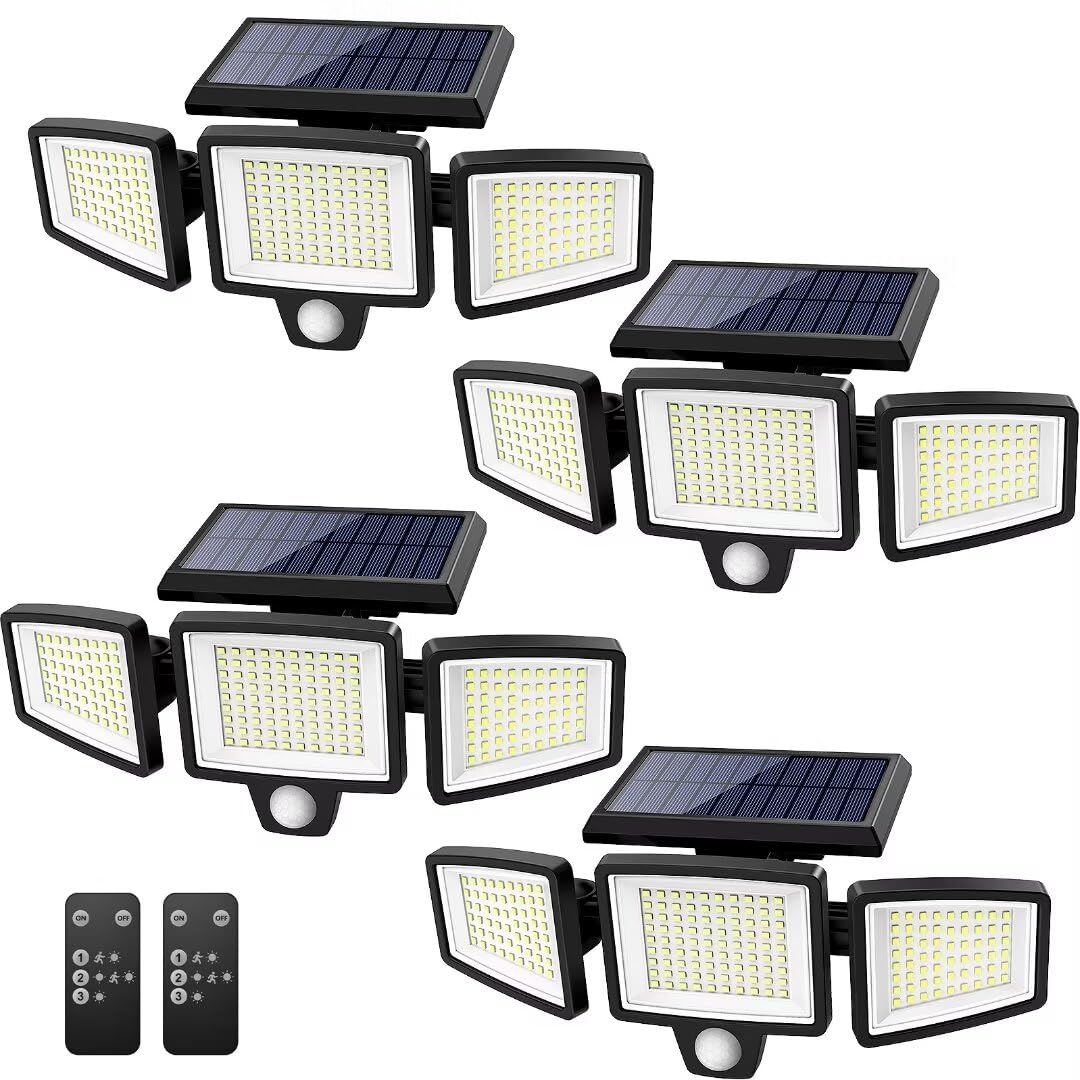 Tuffenough Solar Outdoor Lights 2500LM 210 LED Security Lights with Remote Control,3 Heads Motion Sensor Lights, IP65 Waterproof,270° Wide Angle Flood Wall Lights with 3 Modes