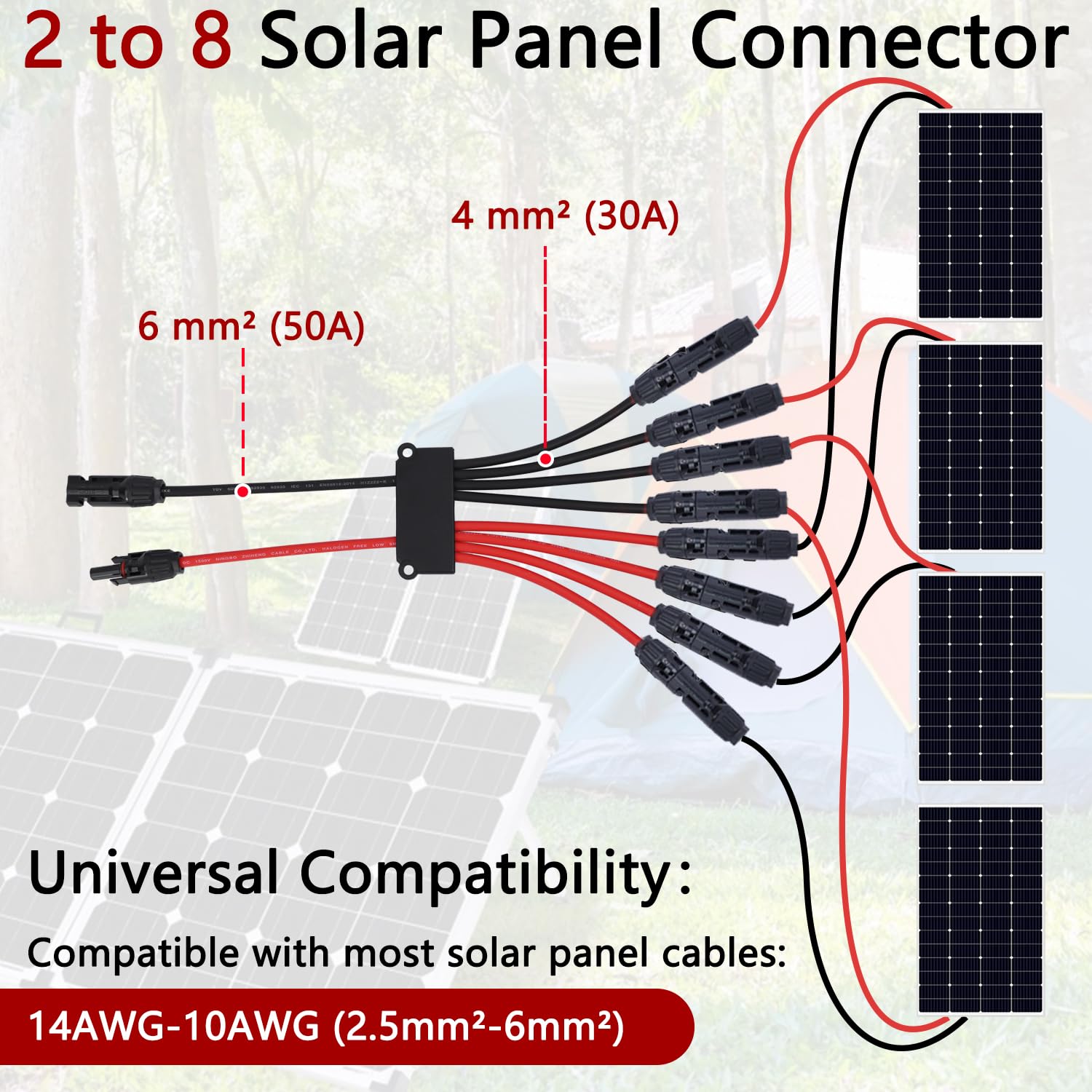 Solar Parallel Connectors for 3 Solar Panels, Tool-Free MC4 Solar Cable Splitter, Y Branch Solar Panel Splitter, 2 to 6 Solar Parallel Adapter IP68 Waterproof (FMMM/MFFF)
