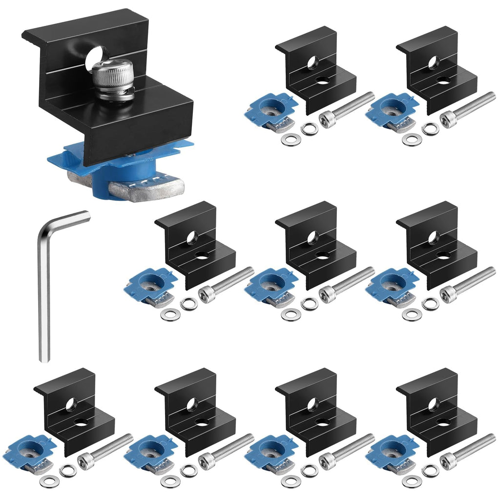 Anbte 10pcs Solar Panel End Clamp for Standard Unistrut, Aluminum 30mm/35mm Solar Panel Brackets with Nuts Bolts, Solar Panel Mounting Kit for Metal Roof, Tin Roof, Flat Roof, Sheet Roof, Black