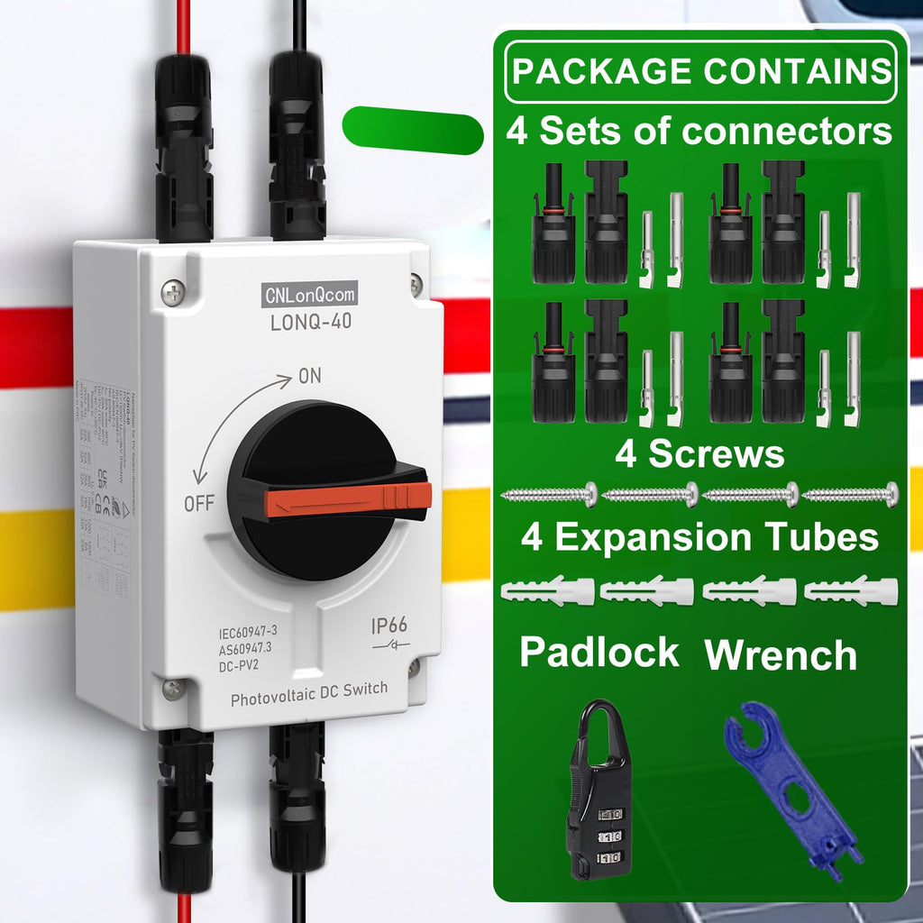 CNLONQ Solar PV Disconnect Switch 32 Amp DC1500V Rapid Shutoff Isolator Switch 1in 1out with Plug & Play Connector and IP66 Waterproof for Rooftop Solar Home Systems, RVs and Boats