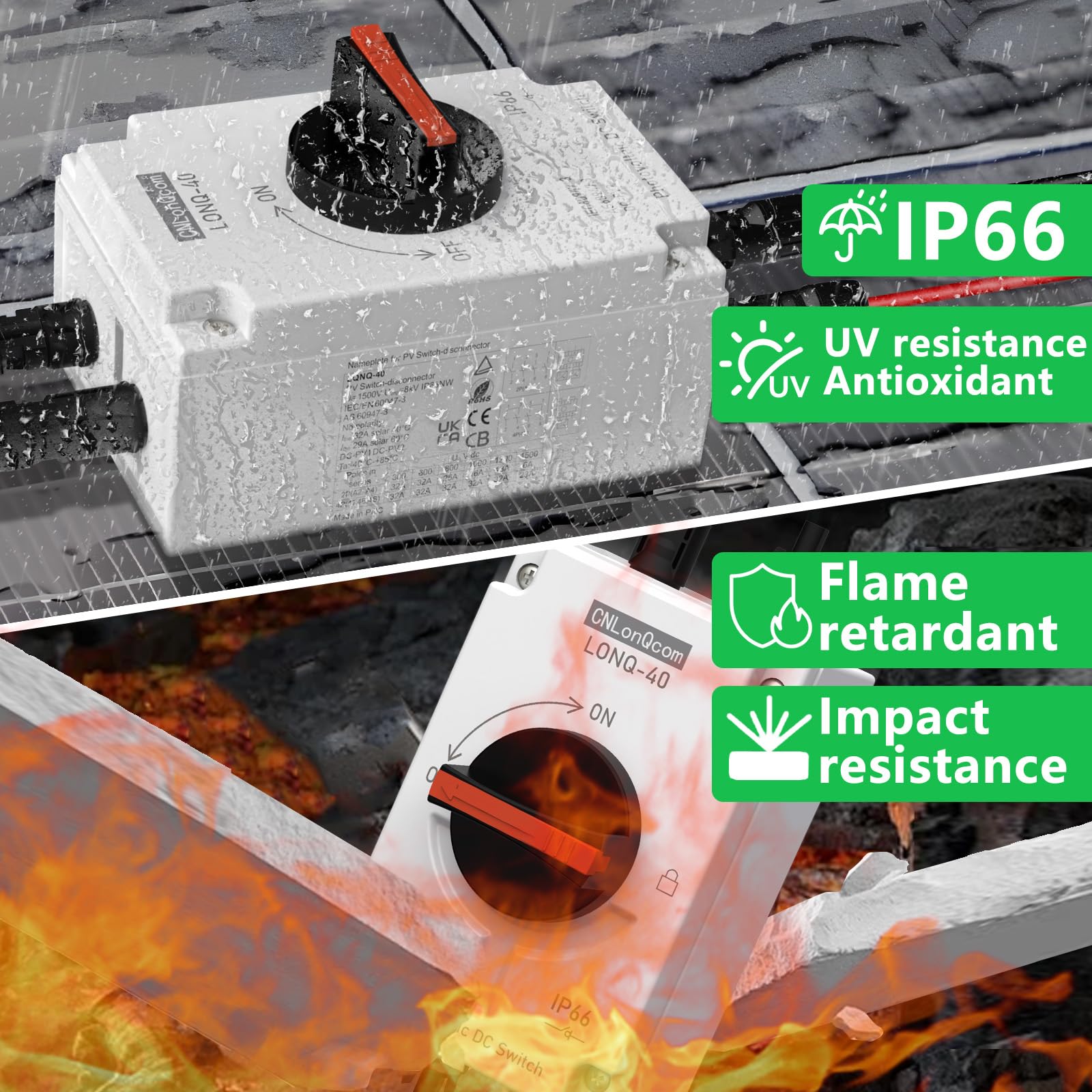 CNLONQ Solar PV Disconnect Switch 32 Amp DC1500V Rapid Shutoff Isolator Switch 1in 1out with Plug & Play Connector and IP66 Waterproof for Rooftop Solar Home Systems, RVs and Boats