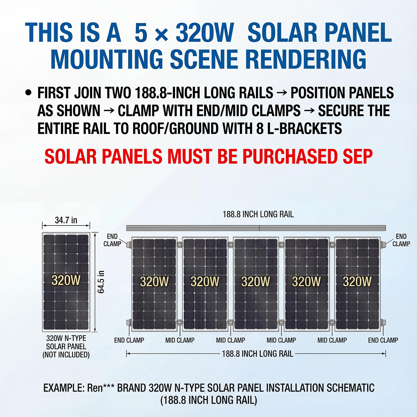 Solar Panel Mounting Rail Kit for 7 x 320W Panels, Includes 12 x 47.2 Aluminum Rails, Adjustable Clamps, L-Brackets & Wire Clips, Heavy Duty Racking for Metal, Tile, Shingle Roof