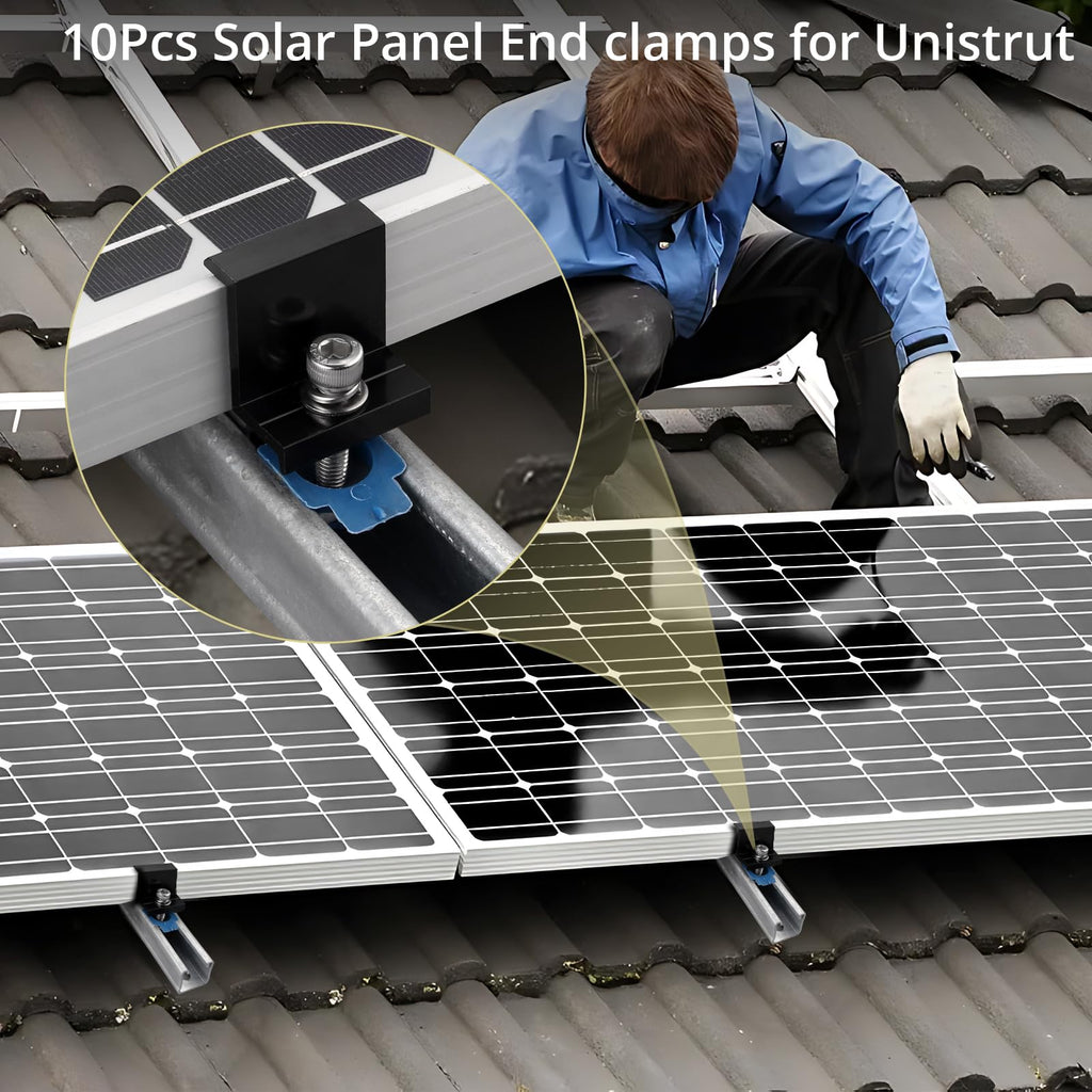 Anbte 10pcs Solar Panel End Clamp for Standard Unistrut, Aluminum 30mm/35mm Solar Panel Brackets with Nuts Bolts, Solar Panel Mounting Kit for Metal Roof, Tin Roof, Flat Roof, Sheet Roof, Black