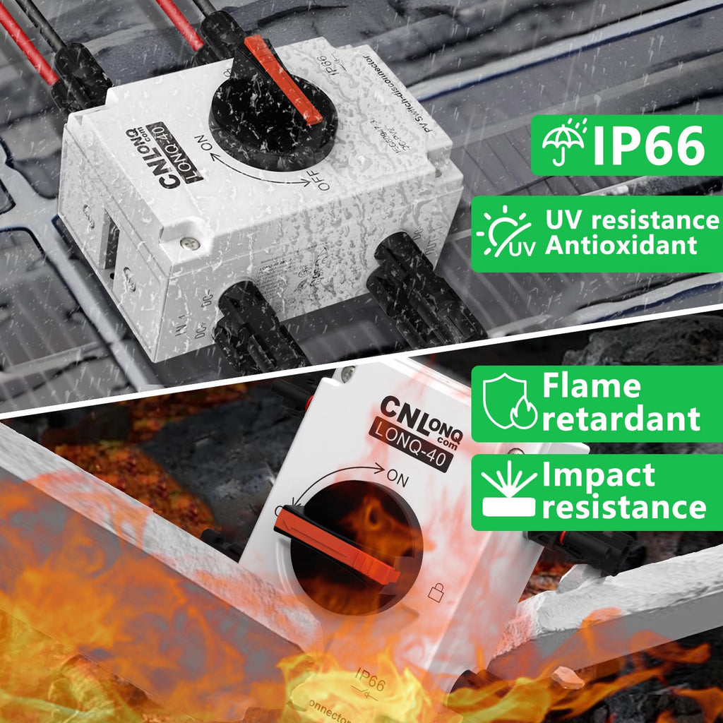 CNLONQ Solar PV Disconnect Switch 32 Amp DC1500V Rapid Shutoff Isolator Switch 1in 1out with Plug & Play Connector and IP66 Waterproof for Rooftop Solar Home Systems, RVs and Boats