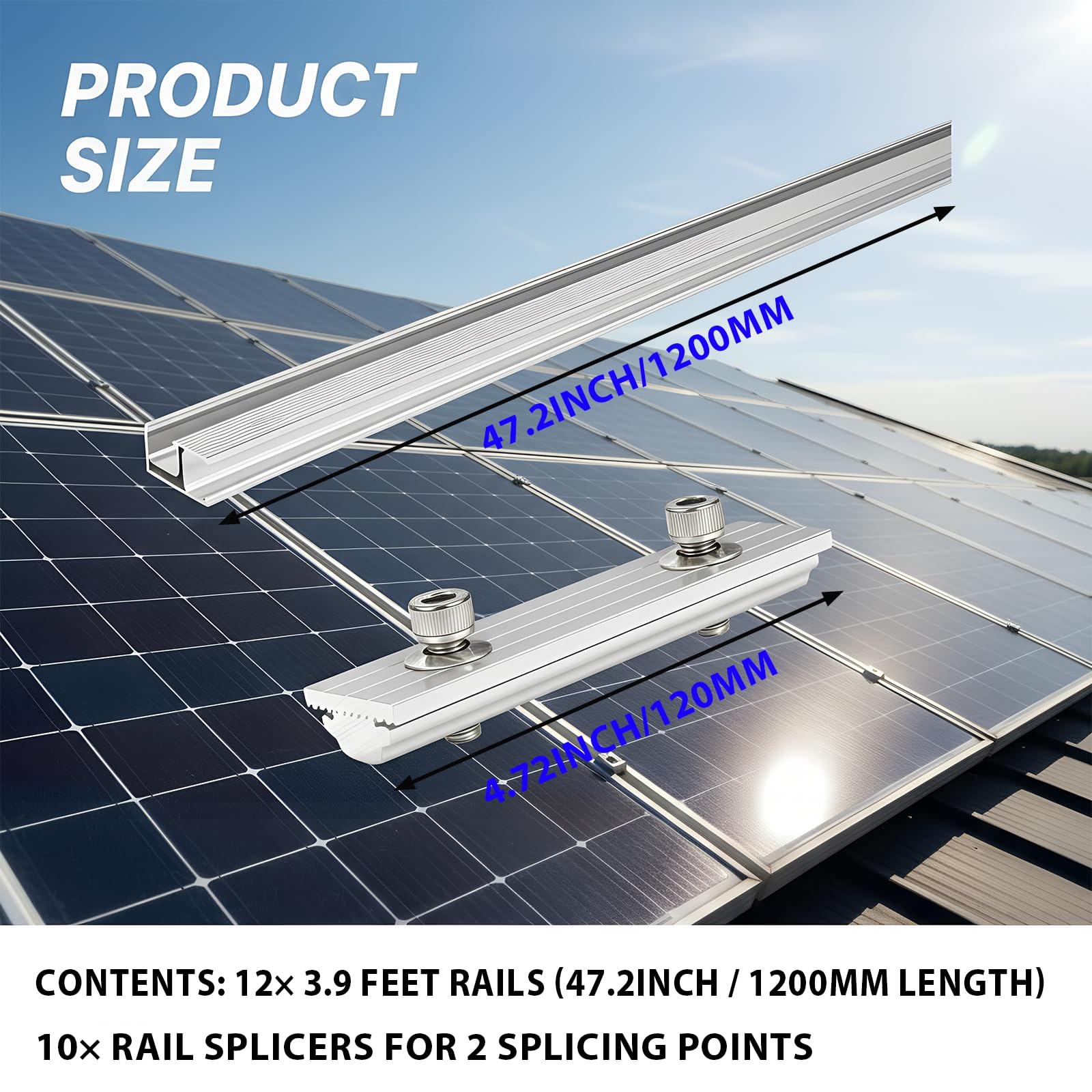 Solar Panel Mounting Rail Kit for 7 x 320W Panels, Includes 12 x 47.2 Aluminum Rails, Adjustable Clamps, L-Brackets & Wire Clips, Heavy Duty Racking for Metal, Tile, Shingle Roof