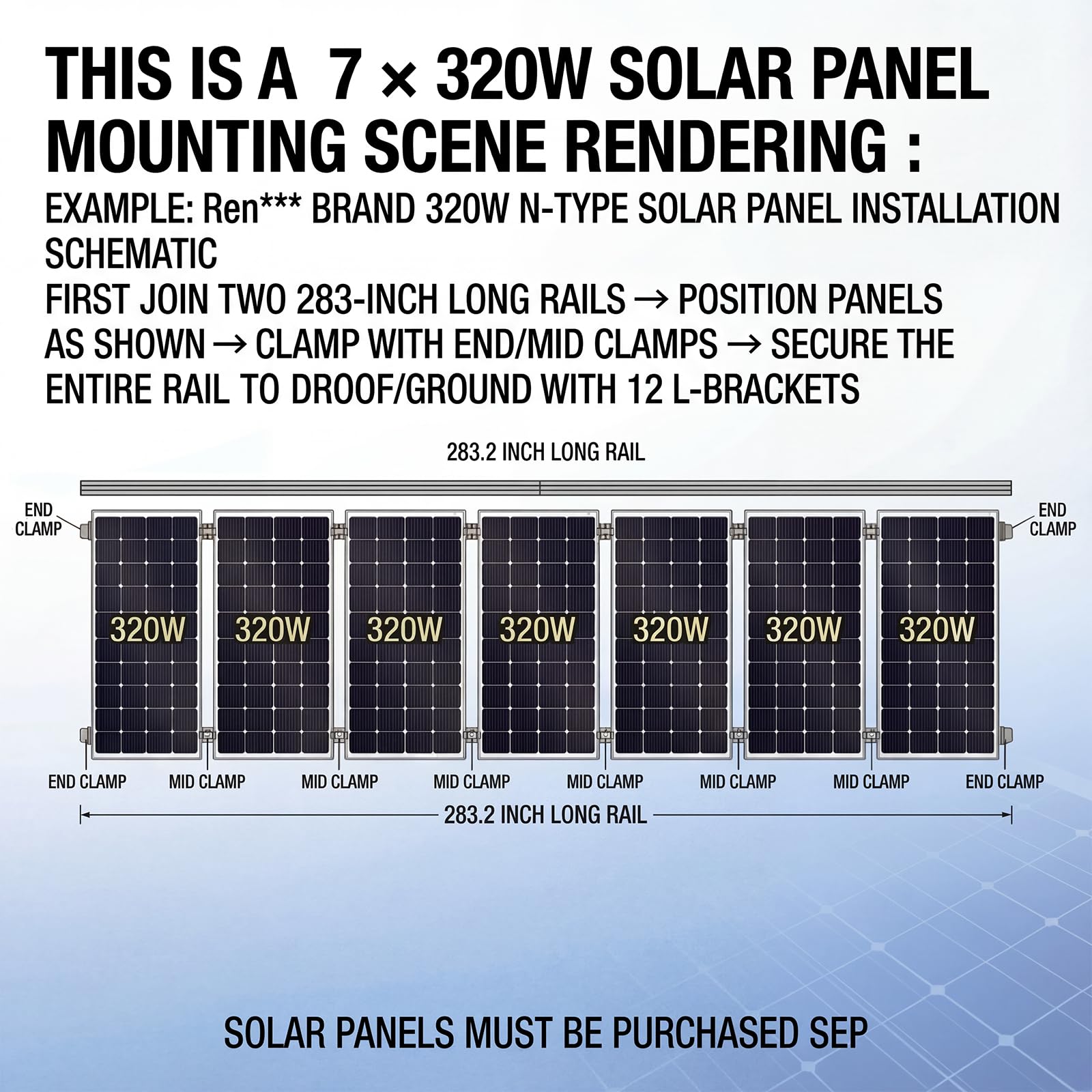 Solar Panel Mounting Rail Kit for 7 x 320W Panels, Includes 12 x 47.2 Aluminum Rails, Adjustable Clamps, L-Brackets & Wire Clips, Heavy Duty Racking for Metal, Tile, Shingle Roof