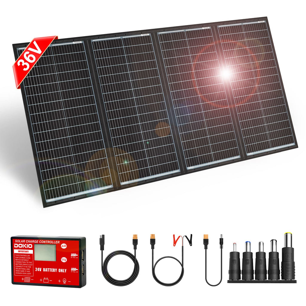 DOKIO 300W Portable Foldable Solar Panel Kit, Compact 19.3x37.4in Design 15.2lb with Standalone Controller and USB, Monocrystalline Charger for 12V Batteries, Power Stations, RV Camping Emergency Use