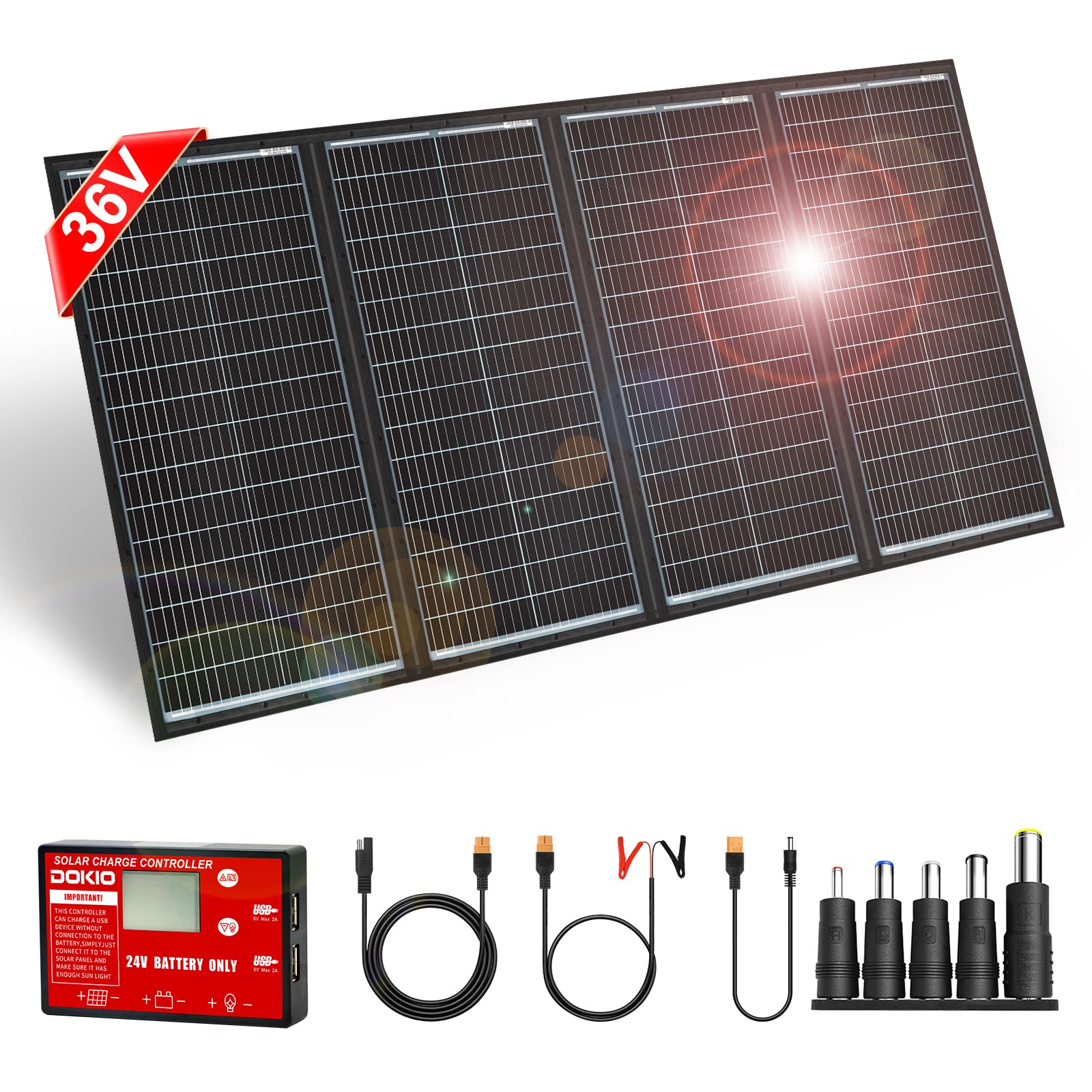 DOKIO 300W Portable Foldable Solar Panel Kit, Compact 19.3x37.4in Design 15.2lb with Standalone Controller and USB, Monocrystalline Charger for 12V Batteries, Power Stations, RV Camping Emergency Use