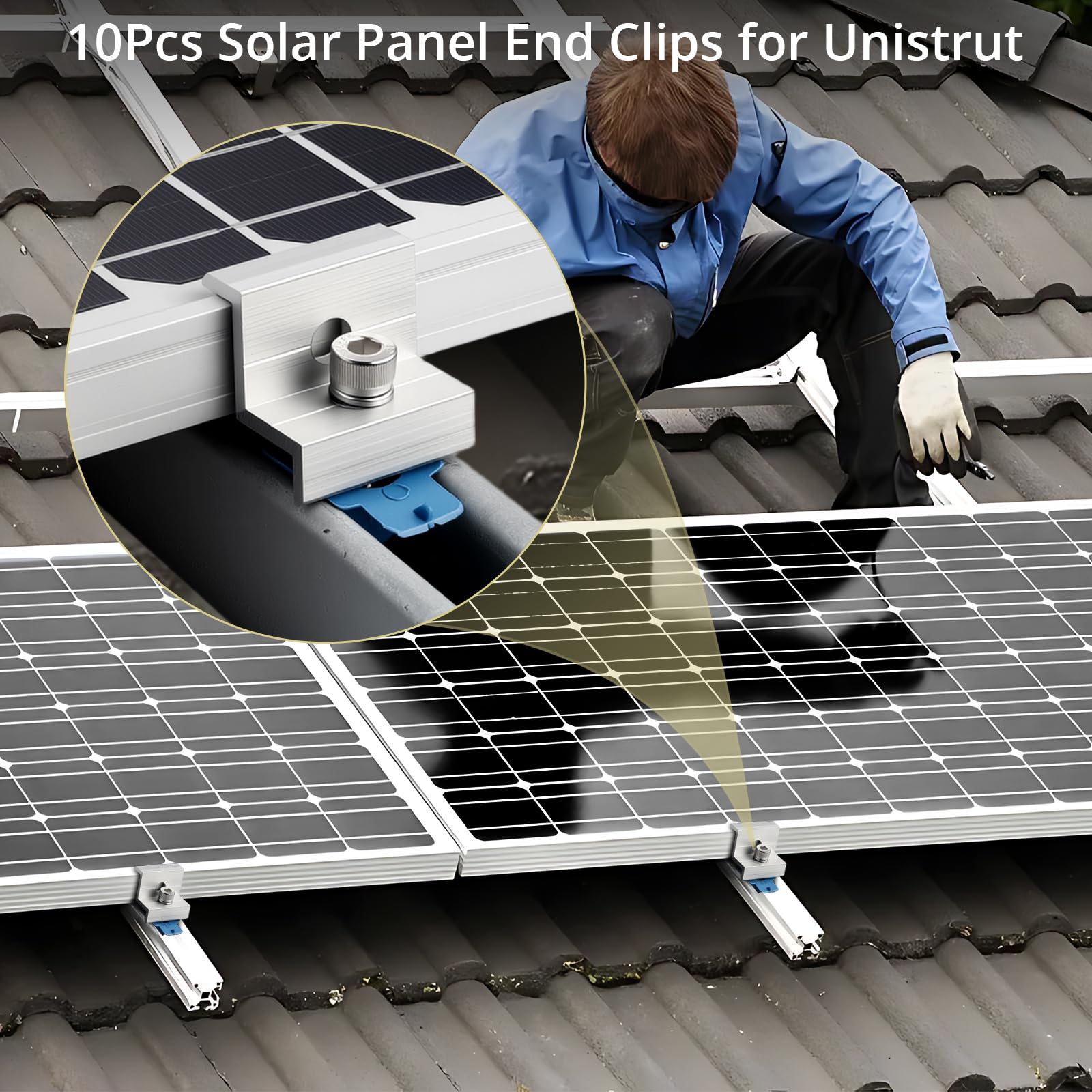 Anbte 10pcs Solar Panel End Clamp for Standard Unistrut, Aluminum 30mm/35mm Solar Panel Brackets with Nuts Bolts, Solar Panel Mounting Kit for Metal Roof, Tin Roof, Flat Roof, Sheet Roof, Black