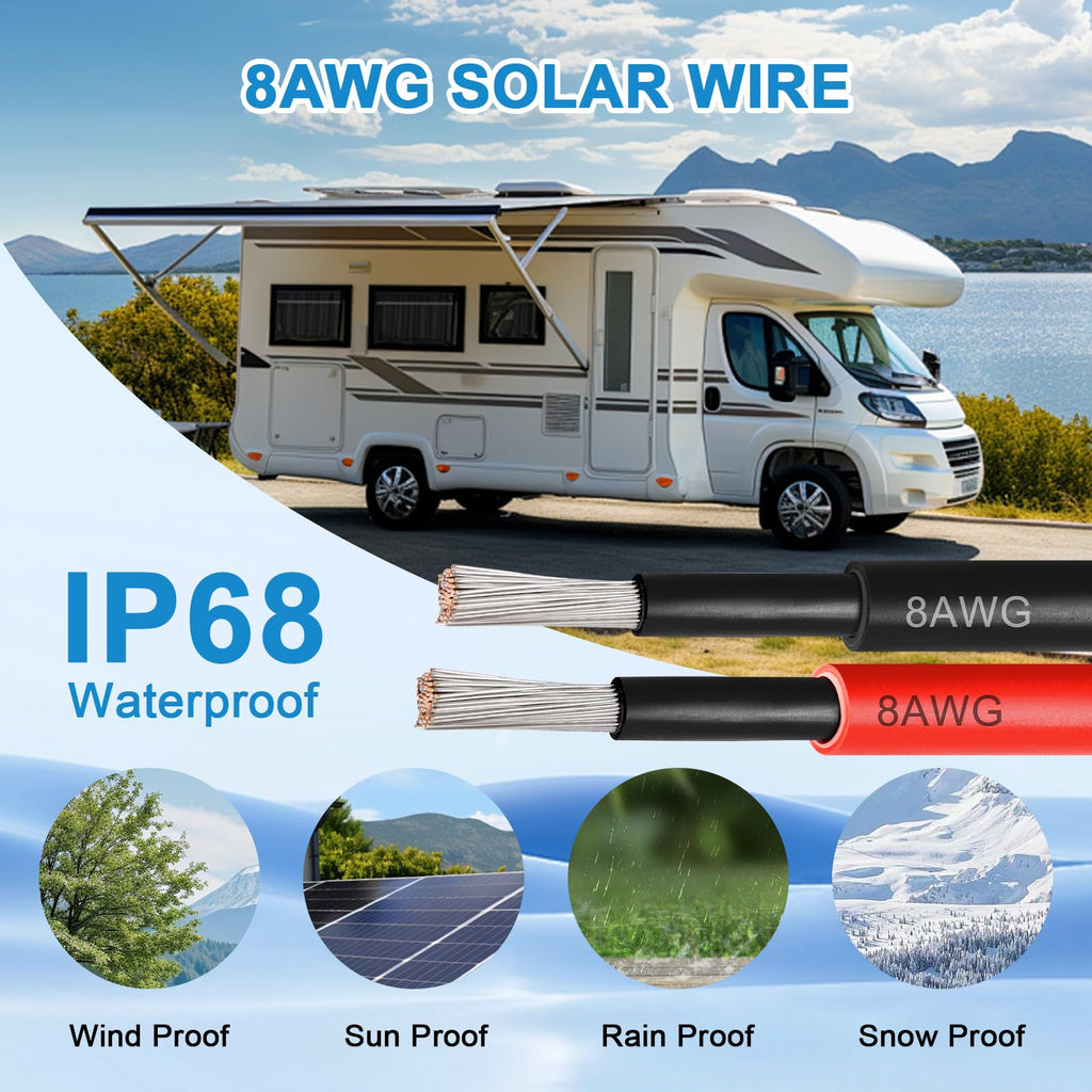Solar Panel Wire 10 AWG(6mm²) - Solar Extension Cable 100Ft Black & 100Ft Red 10 Gauge Tinned Copper PV Wire for Outdoor Automotive RV Solar Panel Boat Marine (Black+Red)
