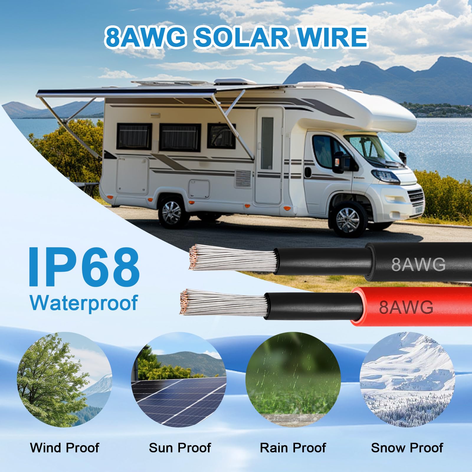 Solar Panel Wire 10 AWG(6mm²) - Solar Extension Cable 100Ft Black & 100Ft Red 10 Gauge Tinned Copper PV Wire for Outdoor Automotive RV Solar Panel Boat Marine (Black+Red)
