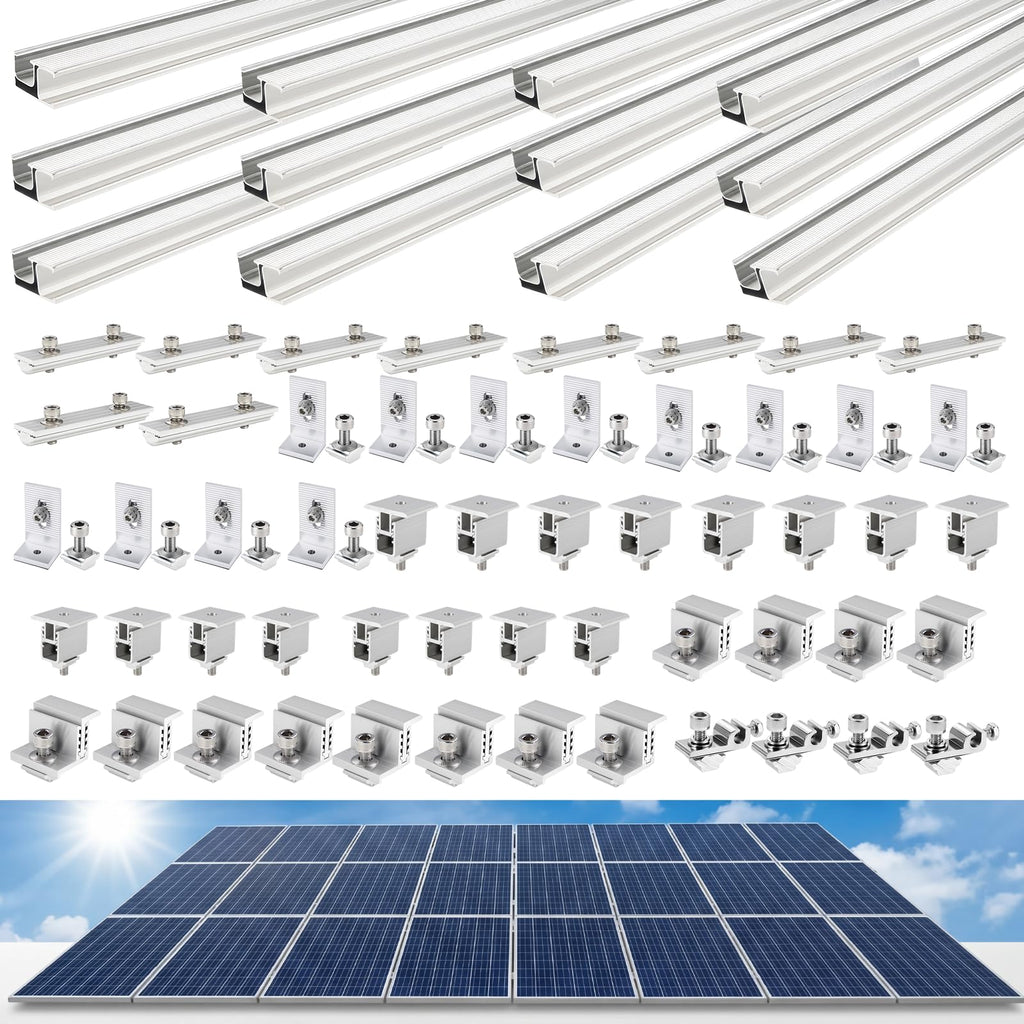 Solar Panel Mounting Rail Kit for 7 x 320W Panels, Includes 12 x 47.2 Aluminum Rails, Adjustable Clamps, L-Brackets & Wire Clips, Heavy Duty Racking for Metal, Tile, Shingle Roof