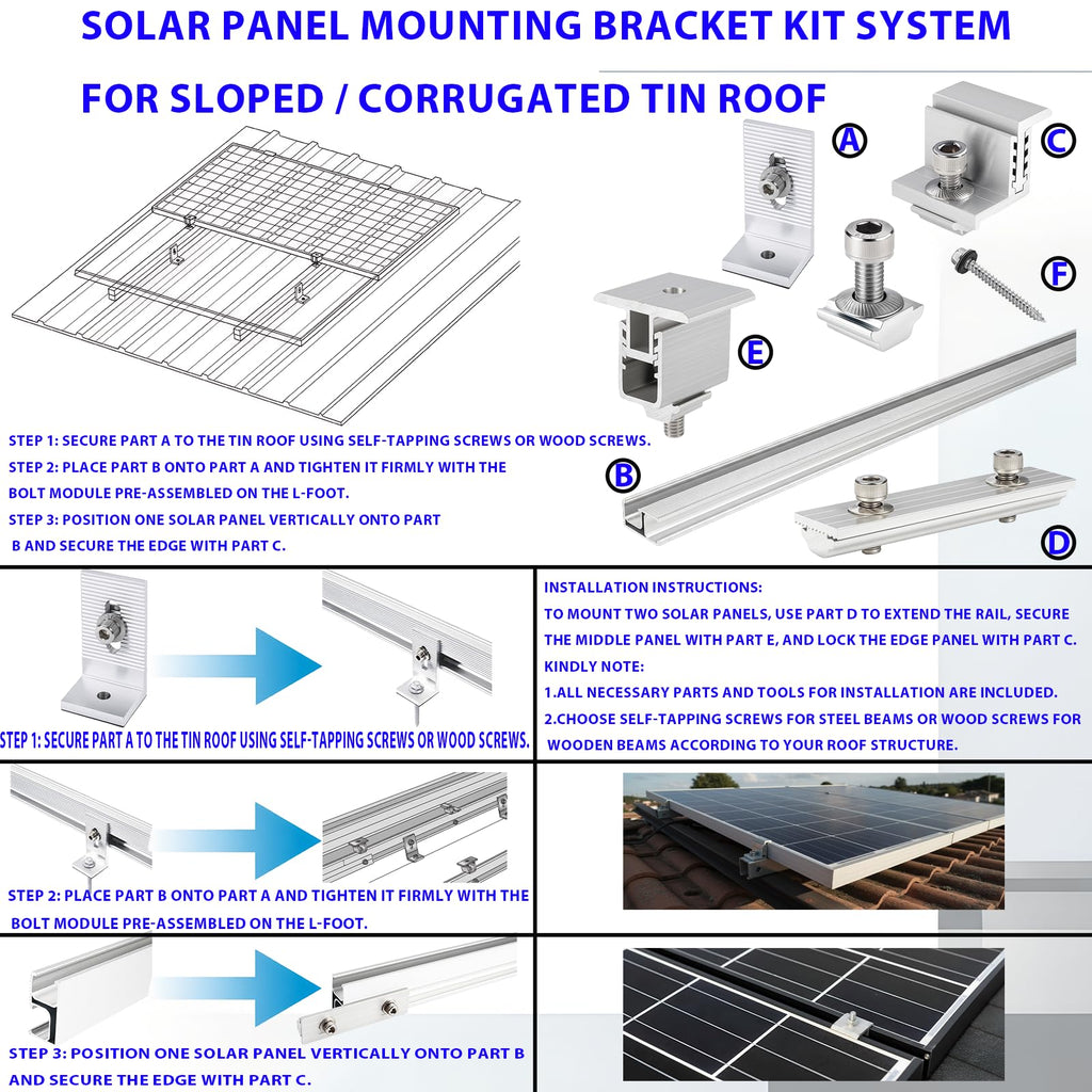 Solar Panel Mounting Rail Kit for 7 x 320W Panels, Includes 12 x 47.2 Aluminum Rails, Adjustable Clamps, L-Brackets & Wire Clips, Heavy Duty Racking for Metal, Tile, Shingle Roof