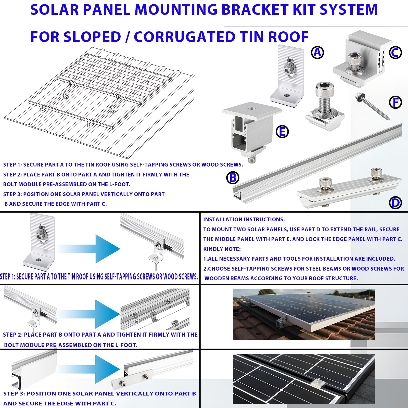 Solar Panel Mounting Rail Kit for 7 x 320W Panels, Includes 12 x 47.2 Aluminum Rails, Adjustable Clamps, L-Brackets & Wire Clips, Heavy Duty Racking for Metal, Tile, Shingle Roof